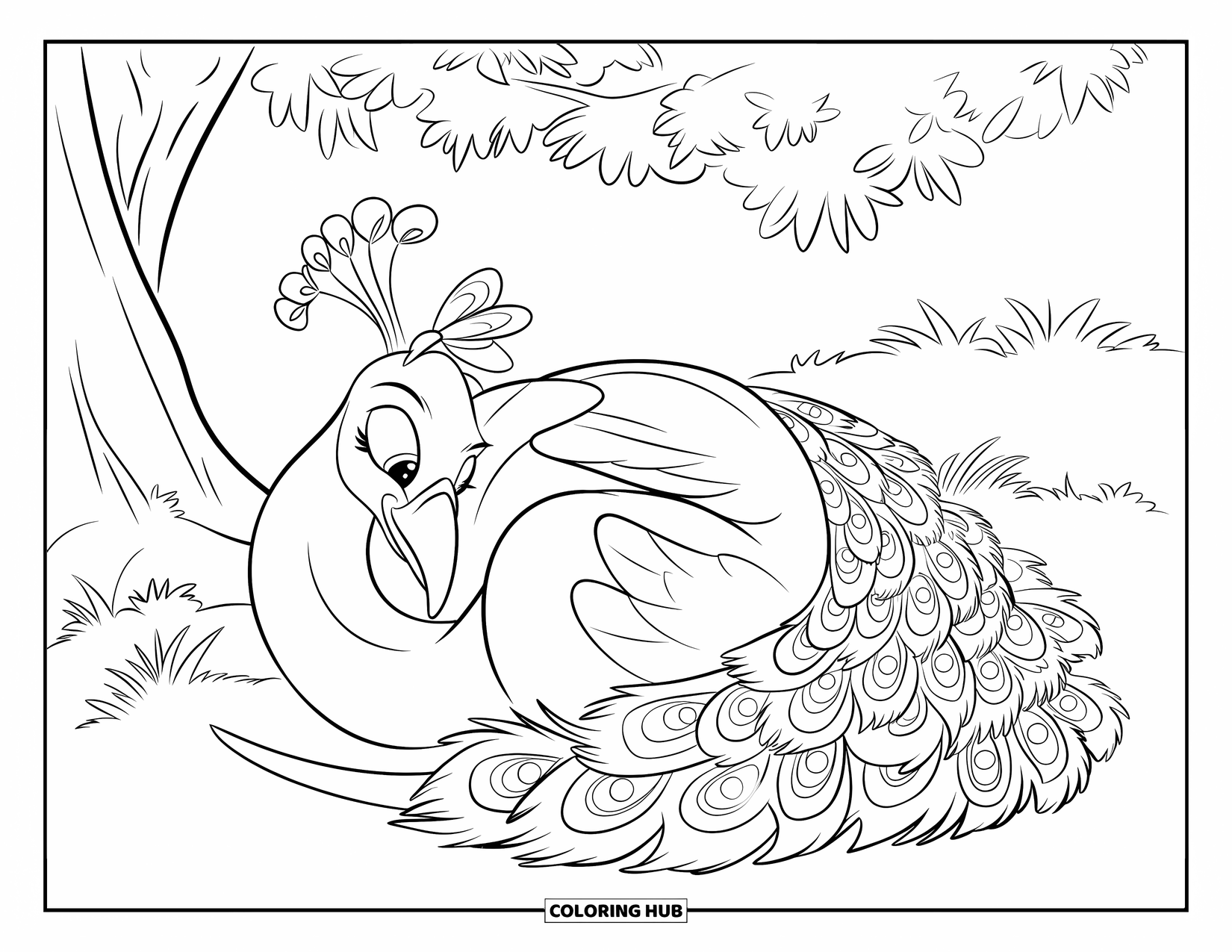 Peacock Coloring Page for Kids: A peacock rests under a tree with its tail as a blanket and a butterfly nearby