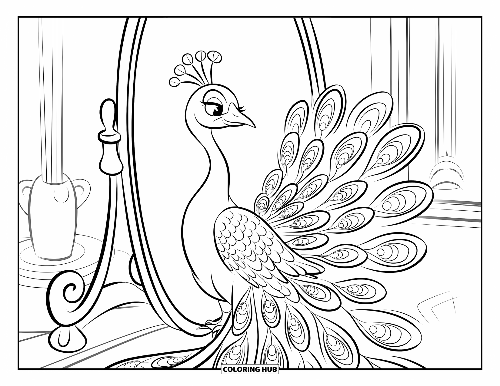 Peacock Coloring Page for Kids: A peacock sits before a mirror, smiling at its reflection