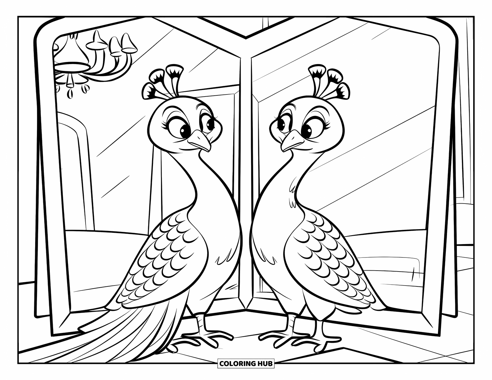 Peacock Coloring Page for Kids: A peacock sits proudly in front of a mirror, admiring itself