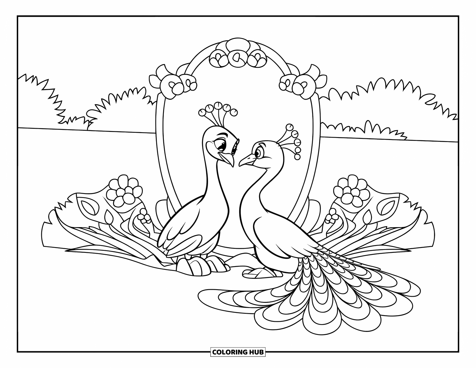 Peacock Coloring Page for Kids: A peacock smiles proudly at its reflection in a mirror