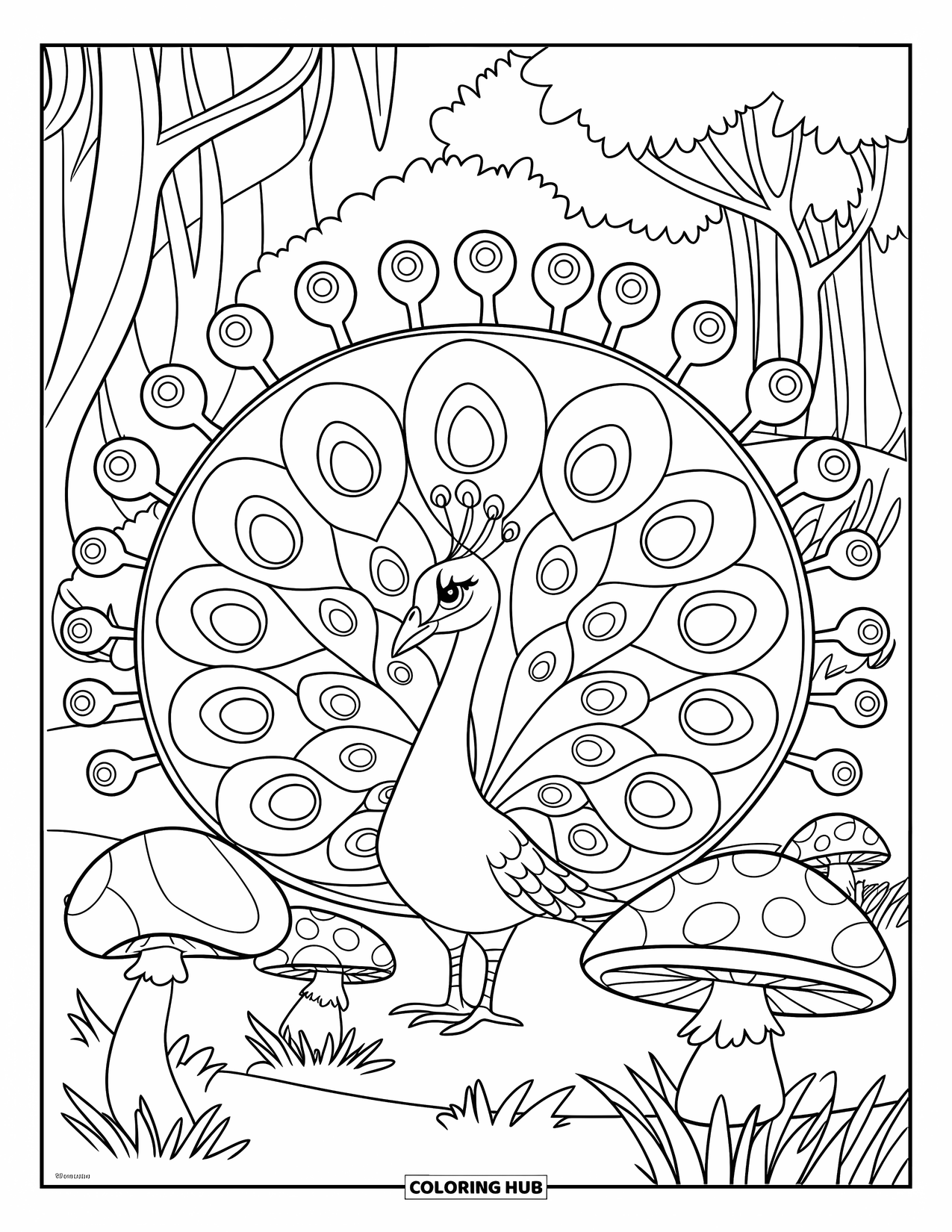 Peacock Coloring Page for Kids: A peacock stands among oversized flowers and mushrooms in a magical garden