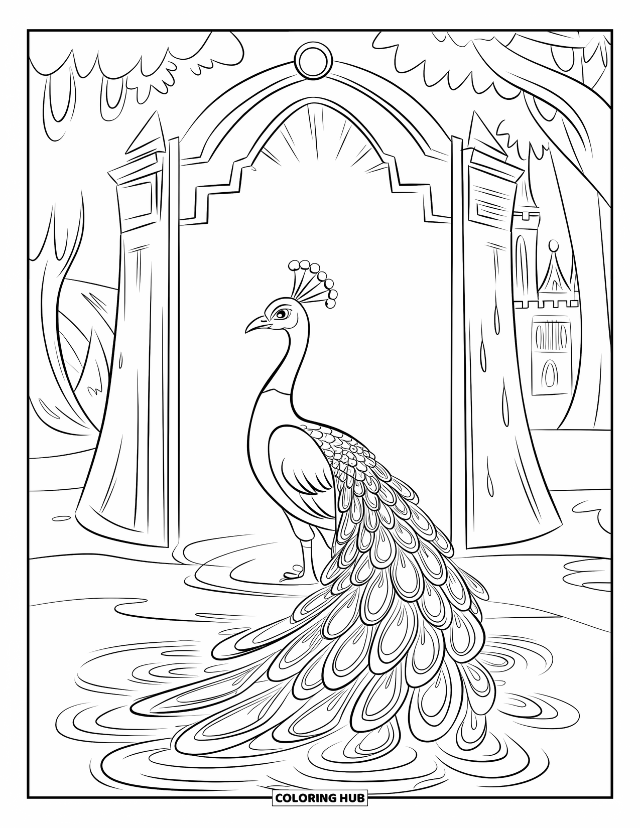 Peacock Coloring Page for Kids: A peacock stands before a glowing portal with its tail rippling like water