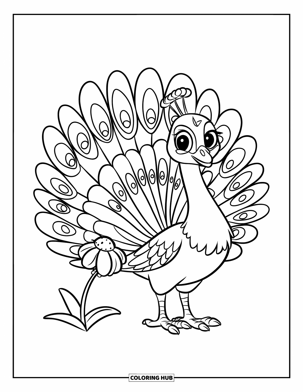 Peacock Coloring Page for Kids: A peacock stands by a small flower, showing off its bright feathers