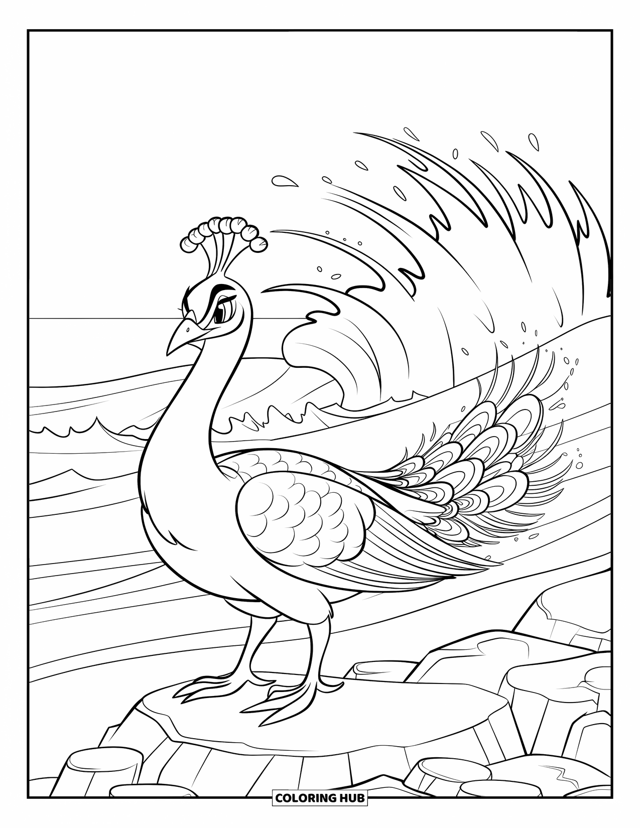 Peacock Coloring Page for Kids: A peacock stands elegantly on a rocky shoreline with waves crashing behind