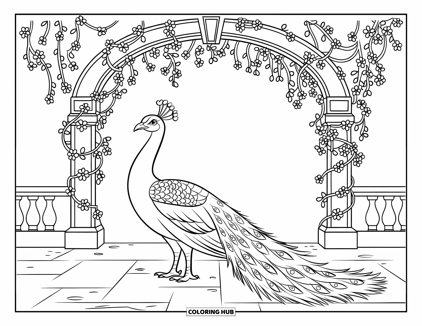 Peacock Coloring Page for Kids: A peacock stands elegantly under a vine-covered archway