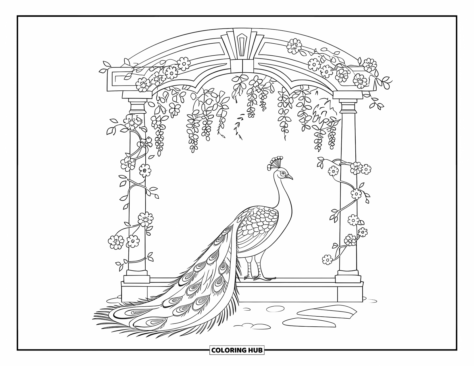 Peacock Coloring Page for Kids: A peacock stands gracefully under an archway adorned with flowers
