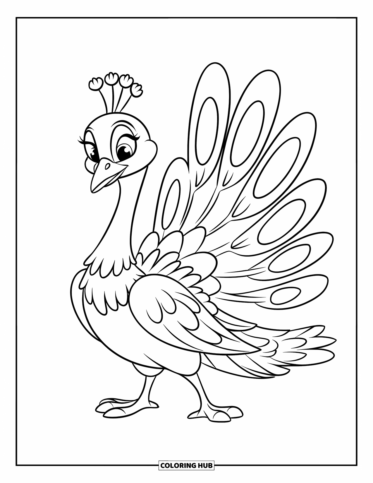 Peacock Coloring Page for Kids: A peacock stands happily with its wings slightly open and simple feathers