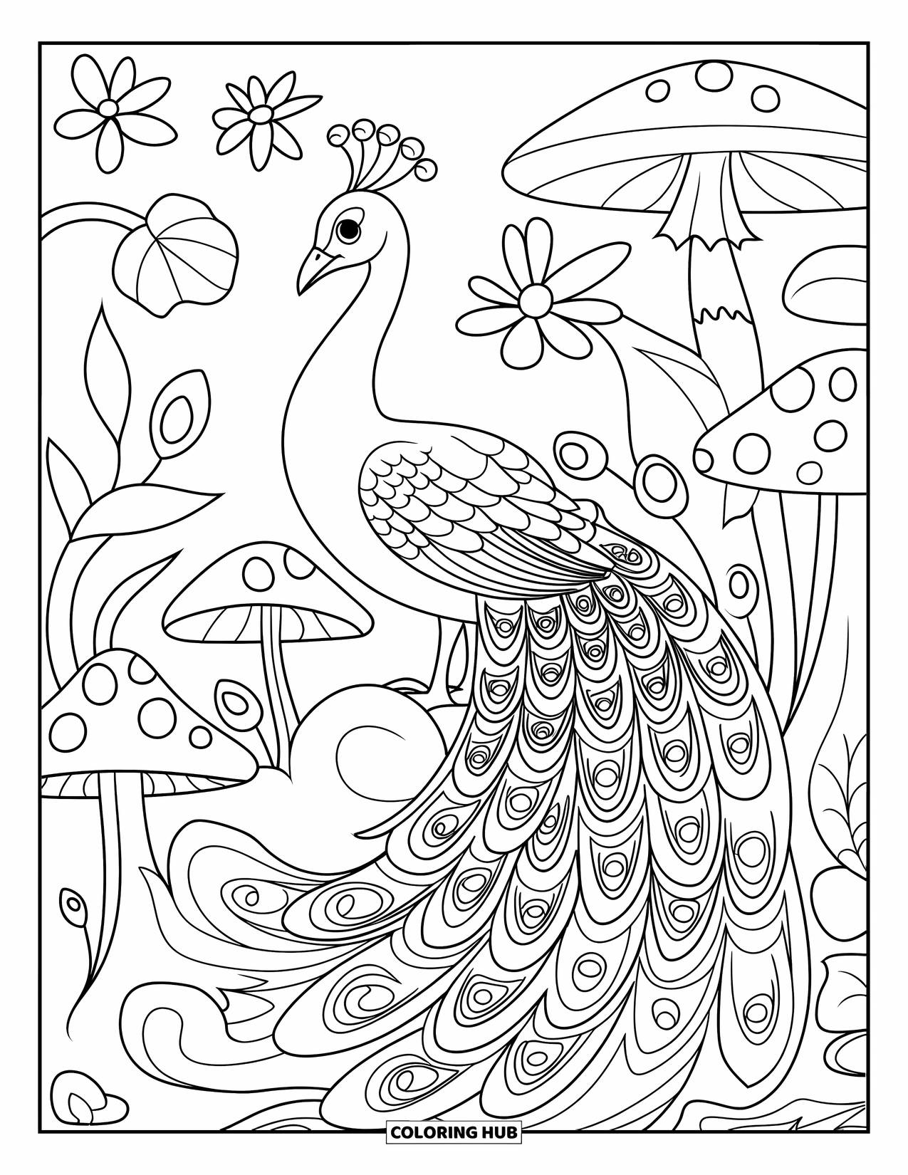 Peacock Coloring Page for Kids: A peacock stands in a garden filled with oversized flowers and mushrooms