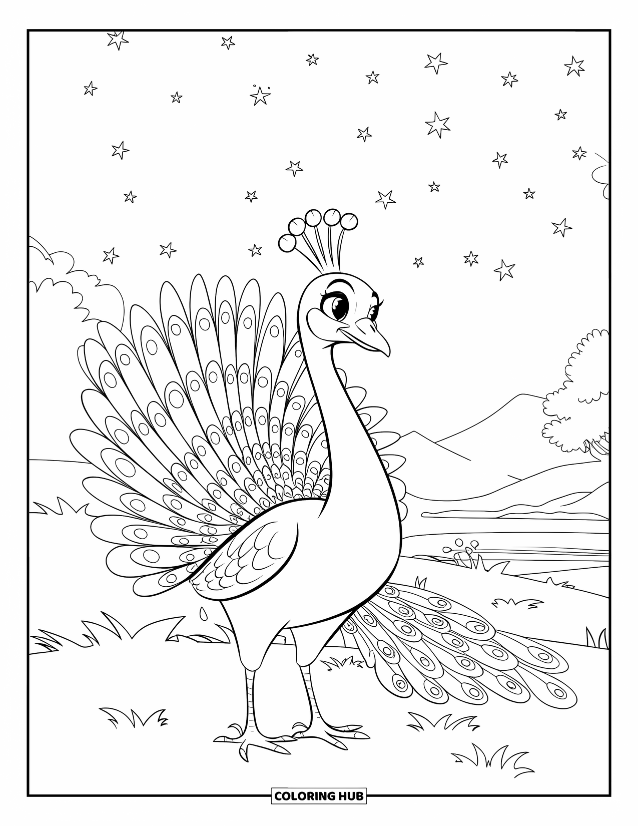 Peacock Coloring Page for Kids: A peacock stands in a grassy field at night, its feathers blending with stars and fireflies