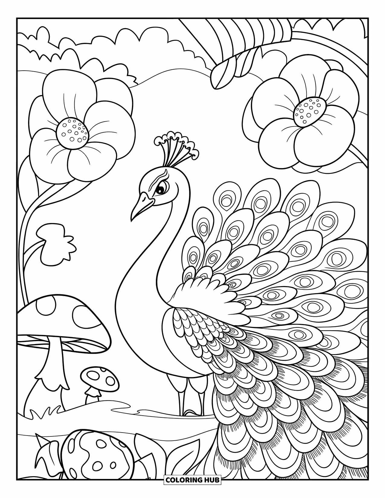 Peacock Coloring Page for Kids: A peacock stands in a magical garden with oversized flowers and mushrooms