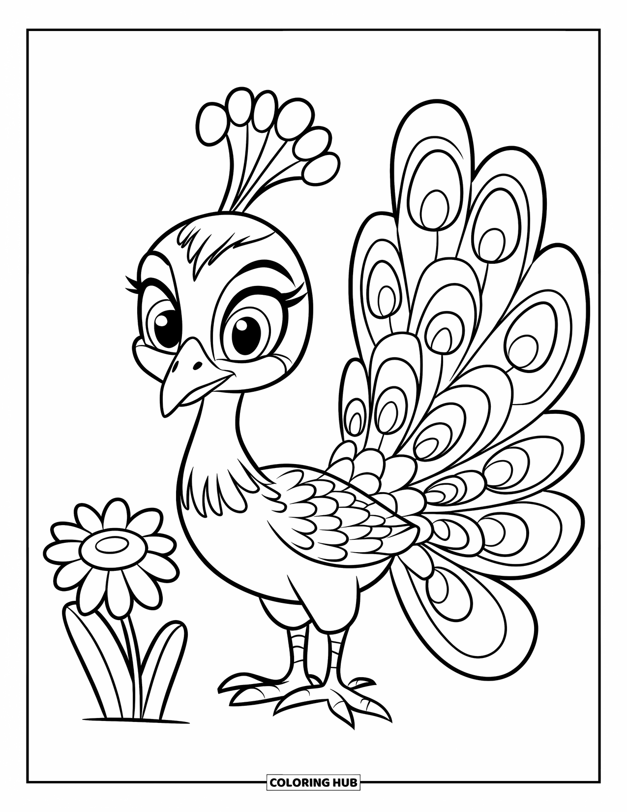 Peacock Coloring Page for Kids: A peacock stands near a tiny flower, its feathers bright and eye-catching