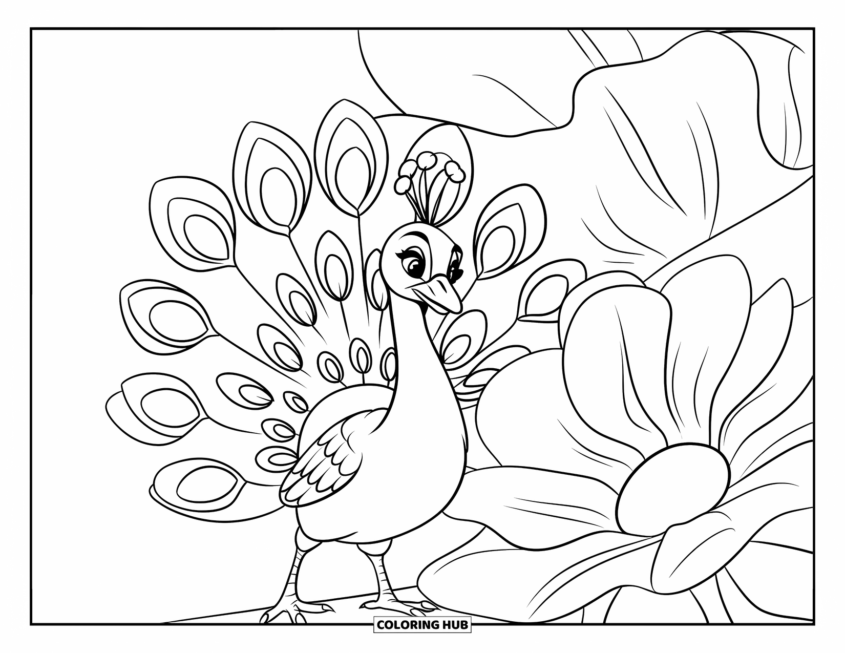 Peacock Coloring Page for Kids: A peacock stands next to a large flower, showing off a few big feathers