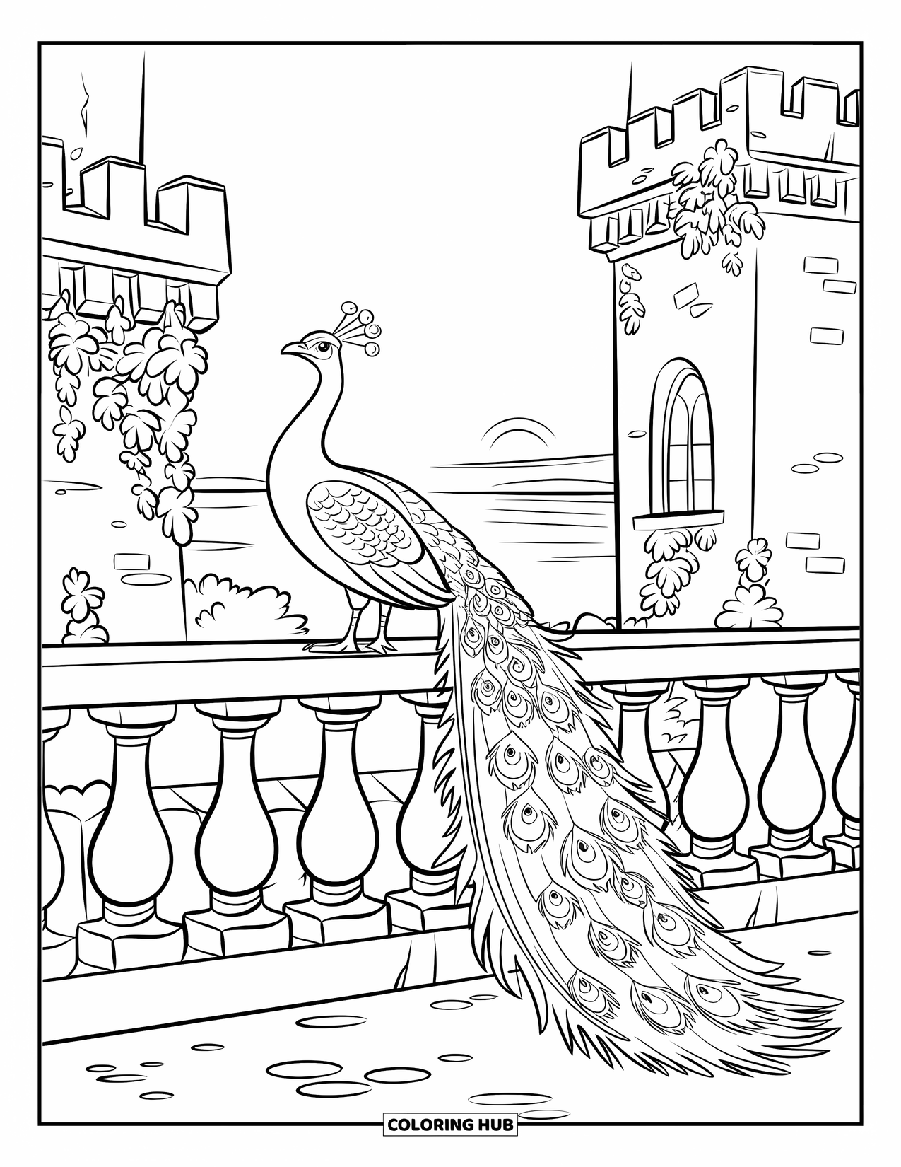 Peacock Coloring Page for Kids: A peacock stands on a castle balcony, showing off its elegant tail