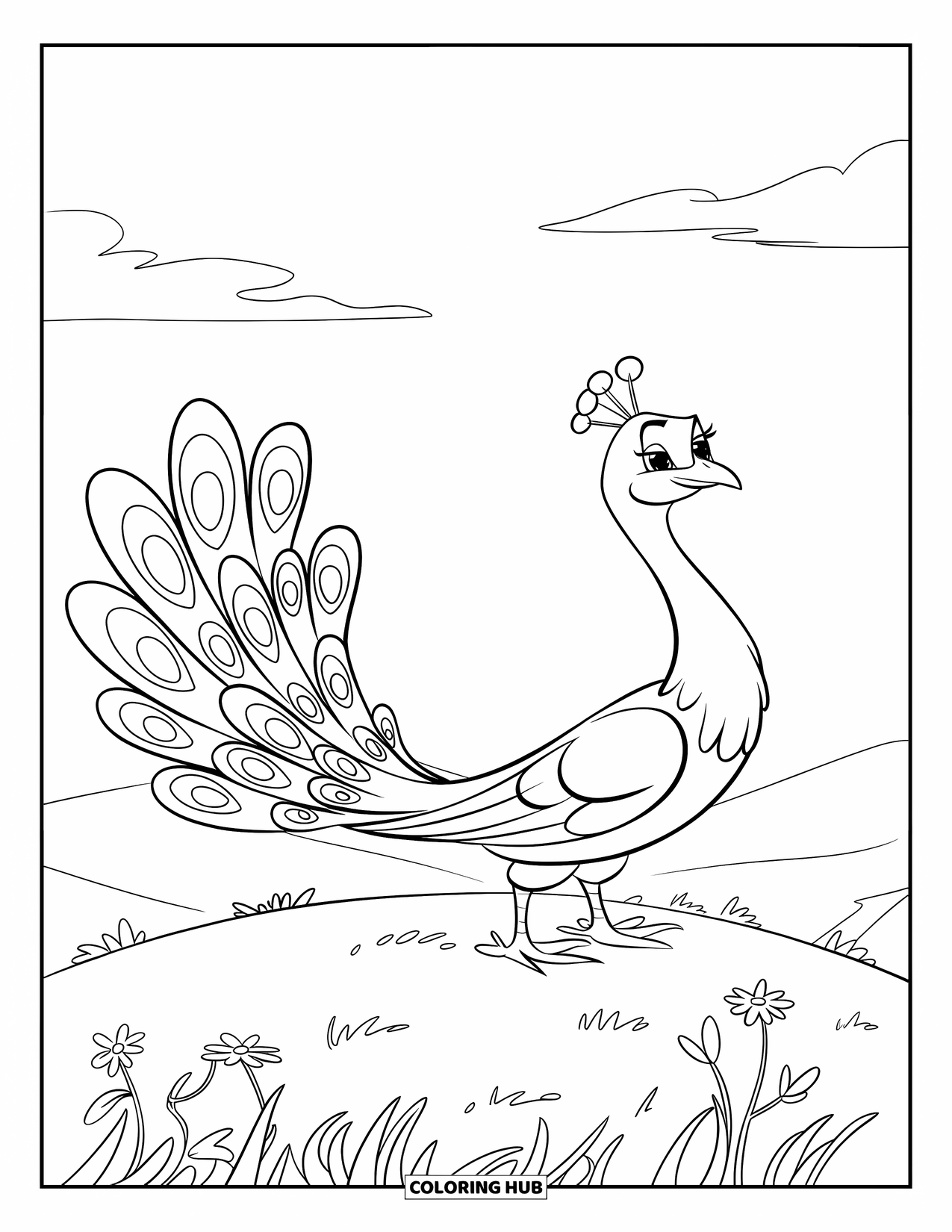Peacock Coloring Page for Kids: A peacock stands on a hill with its tail spread wide and wildflowers nearby