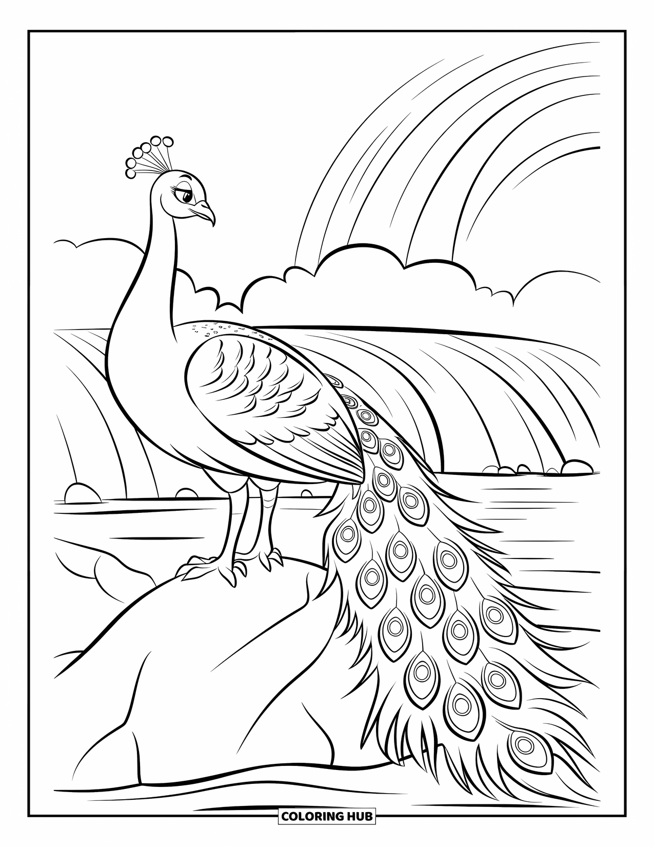 Peacock Coloring Page for Kids: A peacock stands on a rock near a waterfall, its feathers ruffled by mist