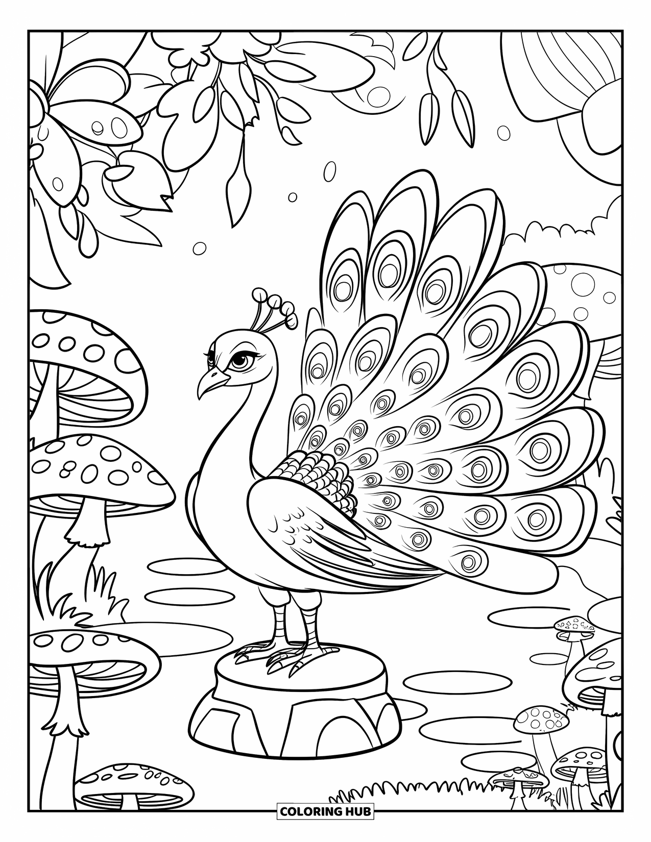 Peacock Coloring Page for Kids: A peacock stands on a stone base in a garden of oversized flowers and mushrooms