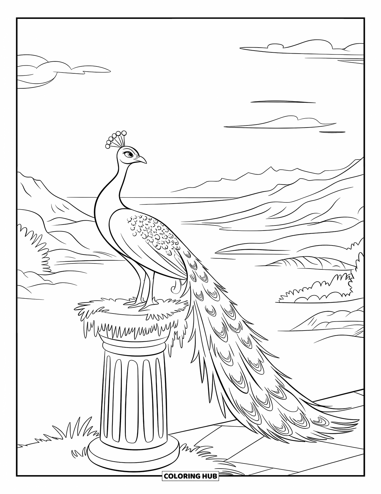 Peacock Coloring Page for Kids: A peacock stands on a stone pedestal, overlooking a misty valley and mountains