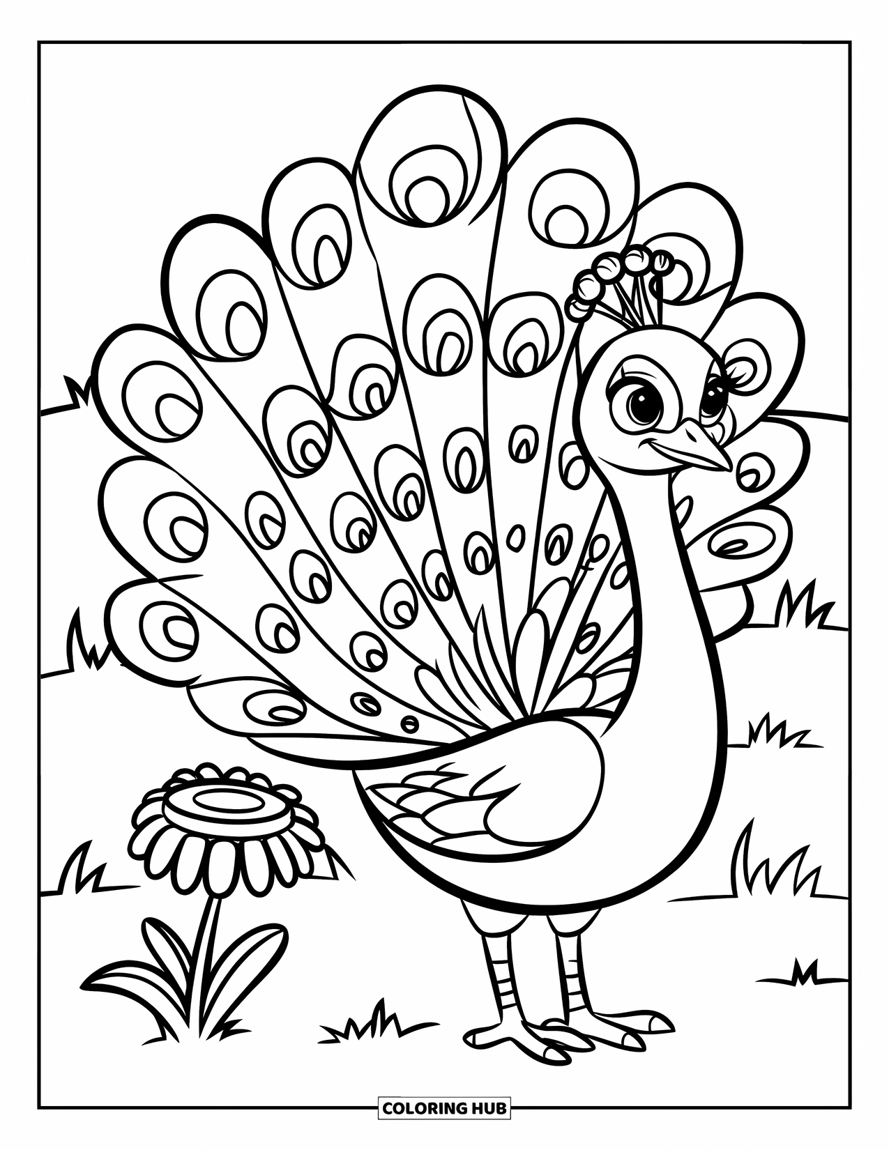 Peacock Coloring Page for Kids: A peacock stands proudly beside a tiny flower on a grassy field