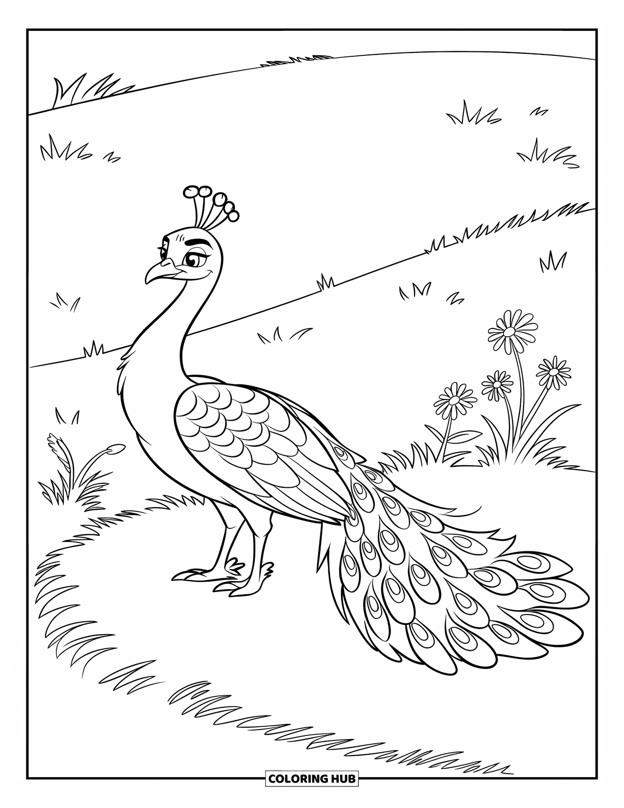 Peacock Coloring Page for Kids: A peacock stands proudly on a hill, its tail fanned out with wildflowers around