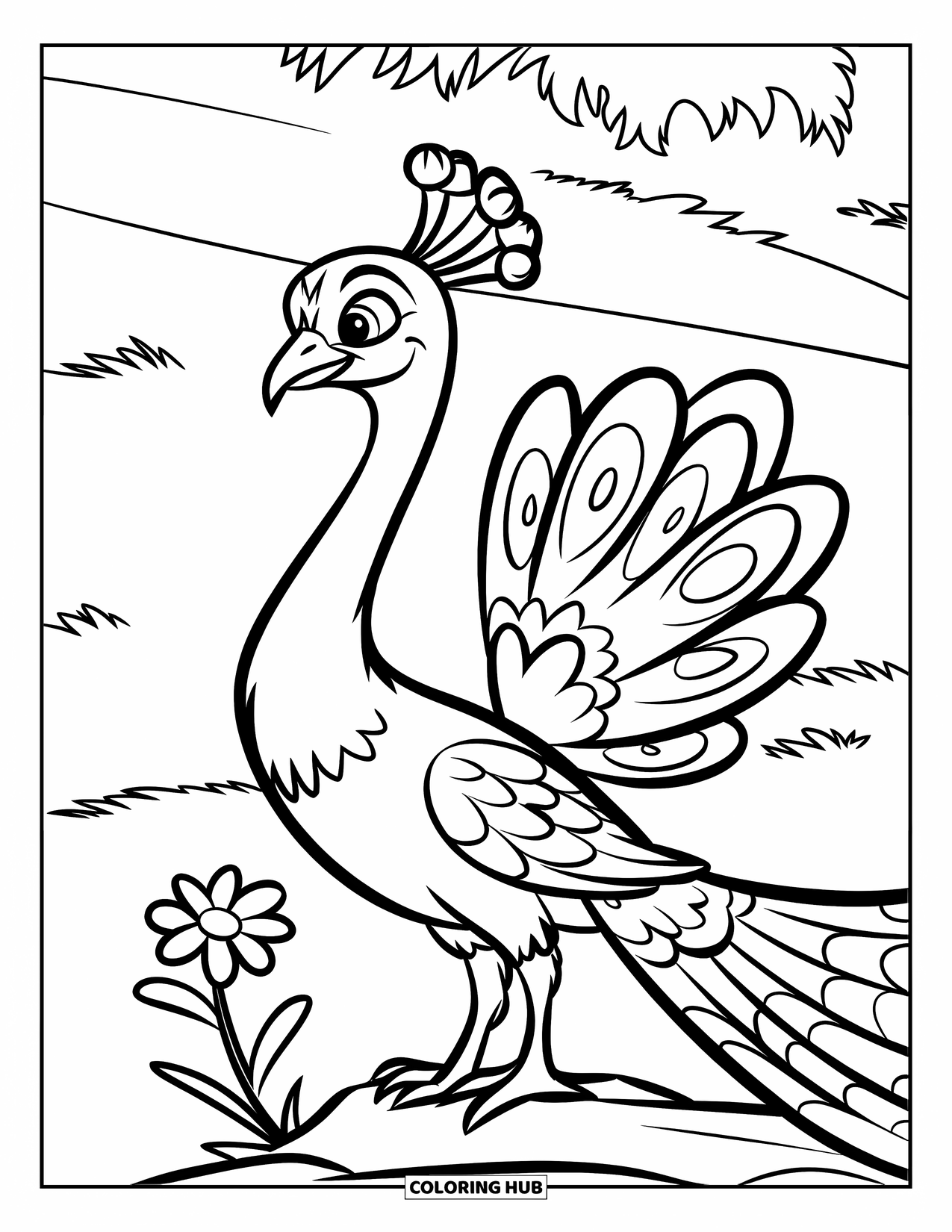 Peacock Coloring Page for Kids: A peacock stands with a tiny flower in front of it