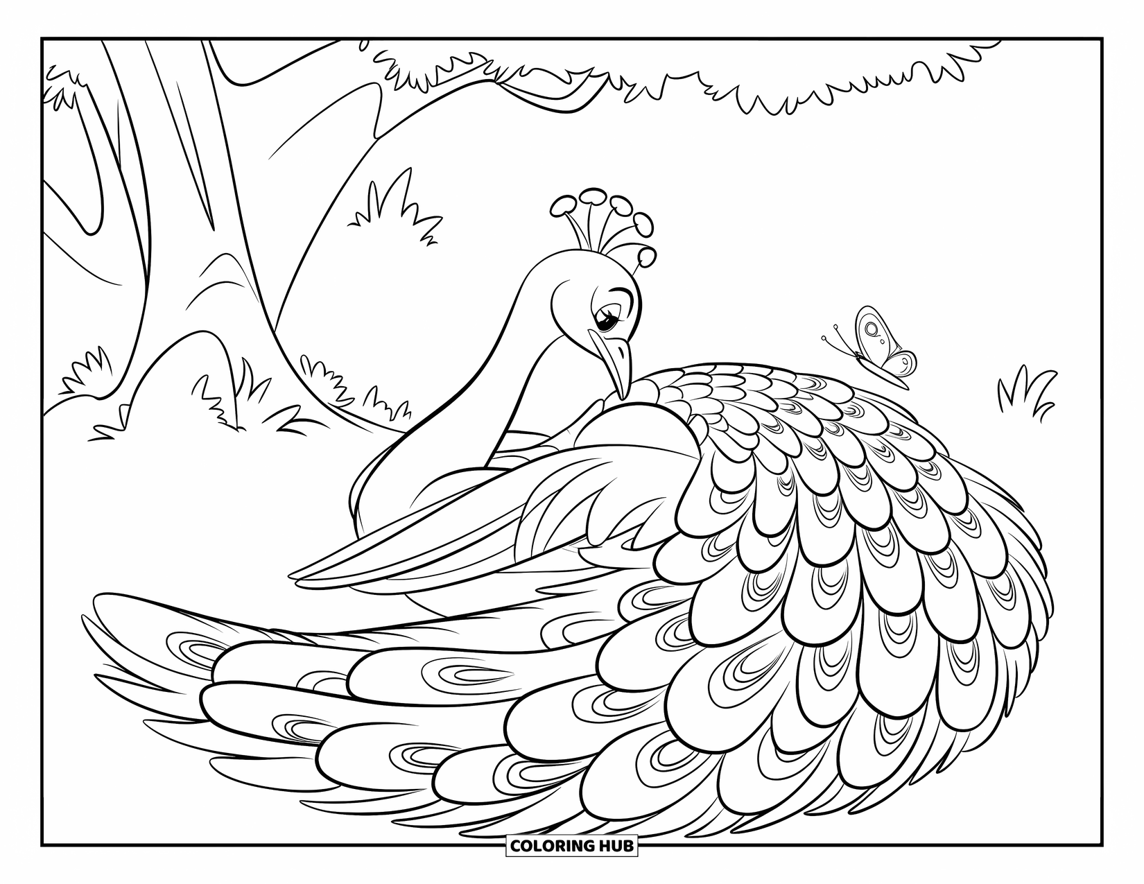 Peacock Coloring Page for Kids: A peacock uses its tail as a blanket, curled up under a shady tree