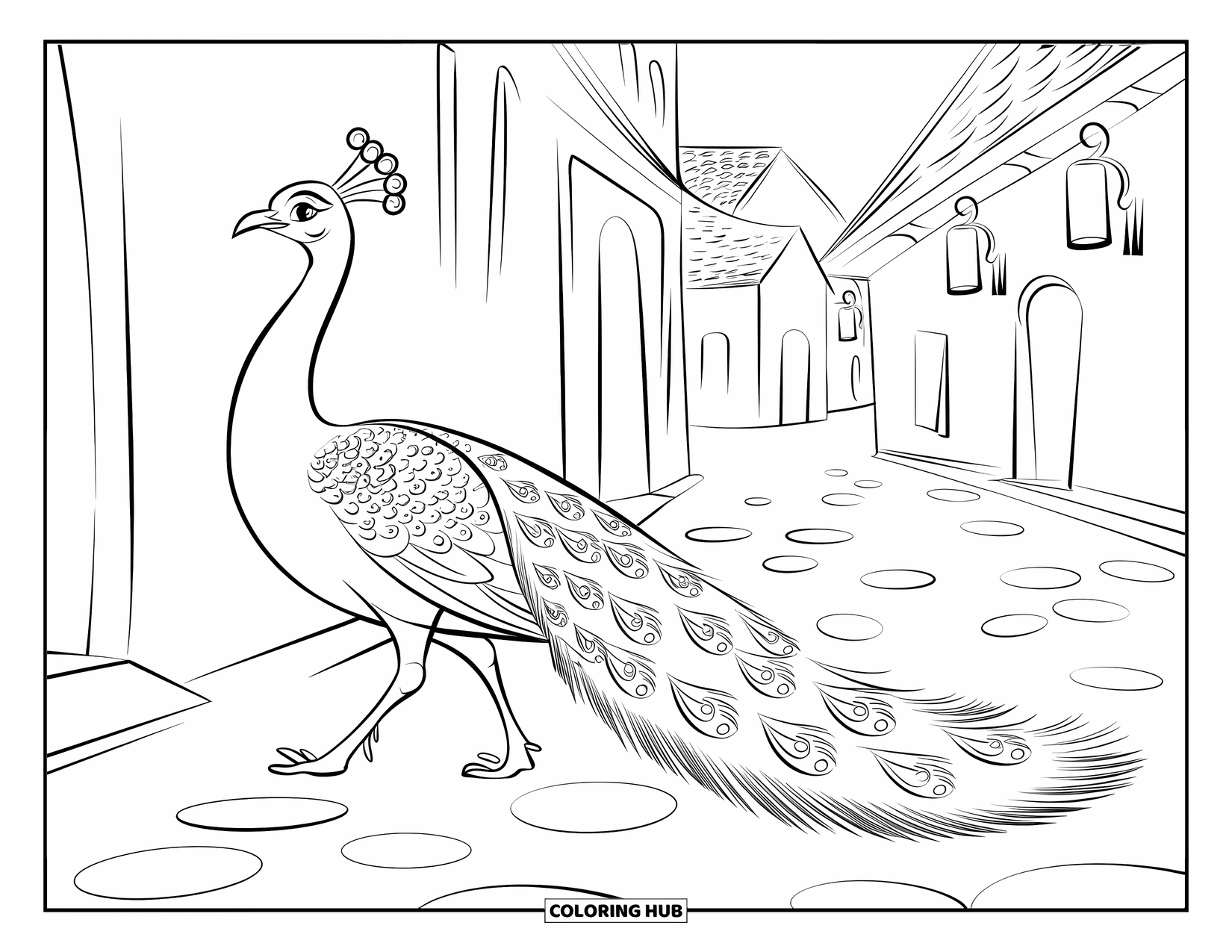 Peacock Coloring Page for Kids: A peacock walks elegantly on a cobblestone path in a charming village