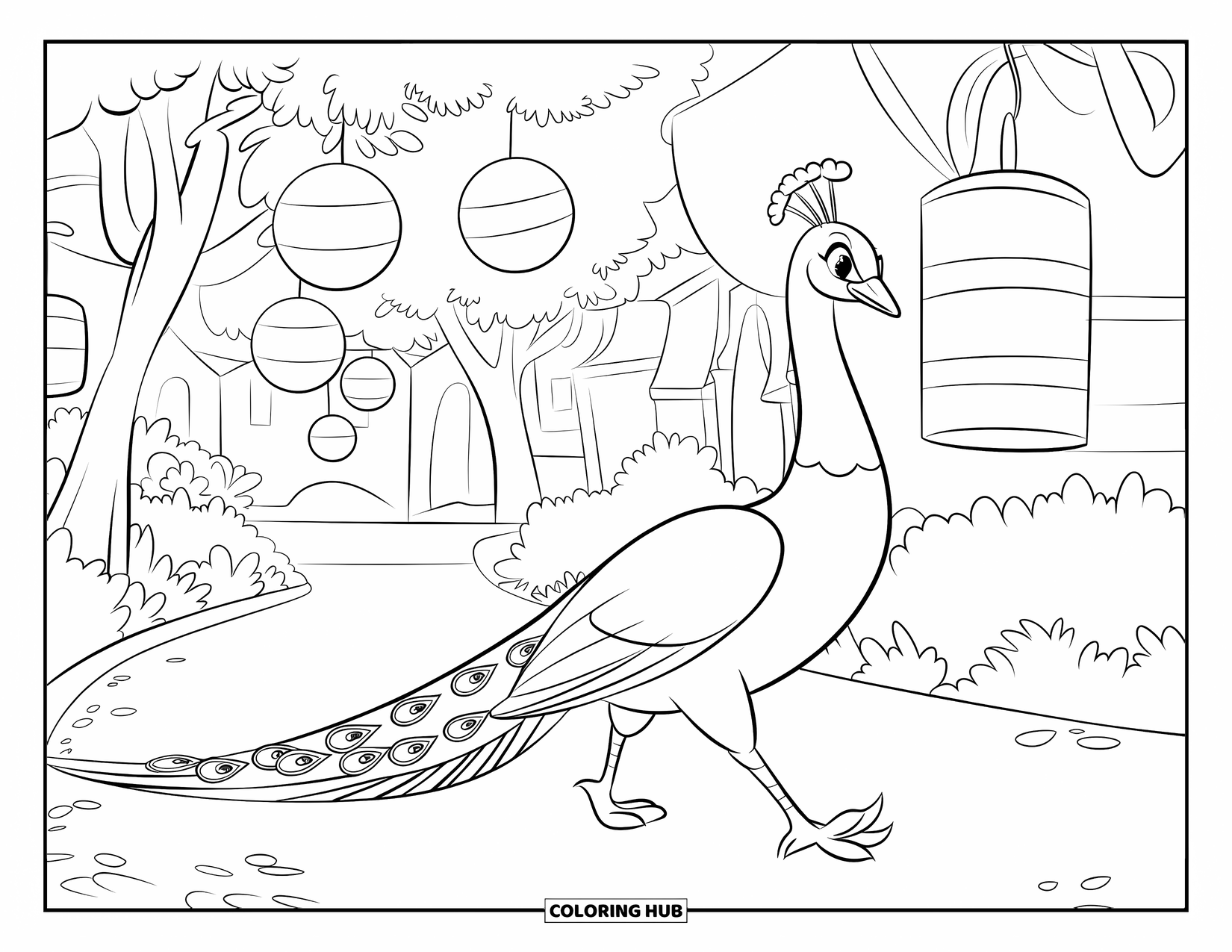 Peacock Coloring Page for Kids: A peacock walks gracefully along a lantern-lit garden path