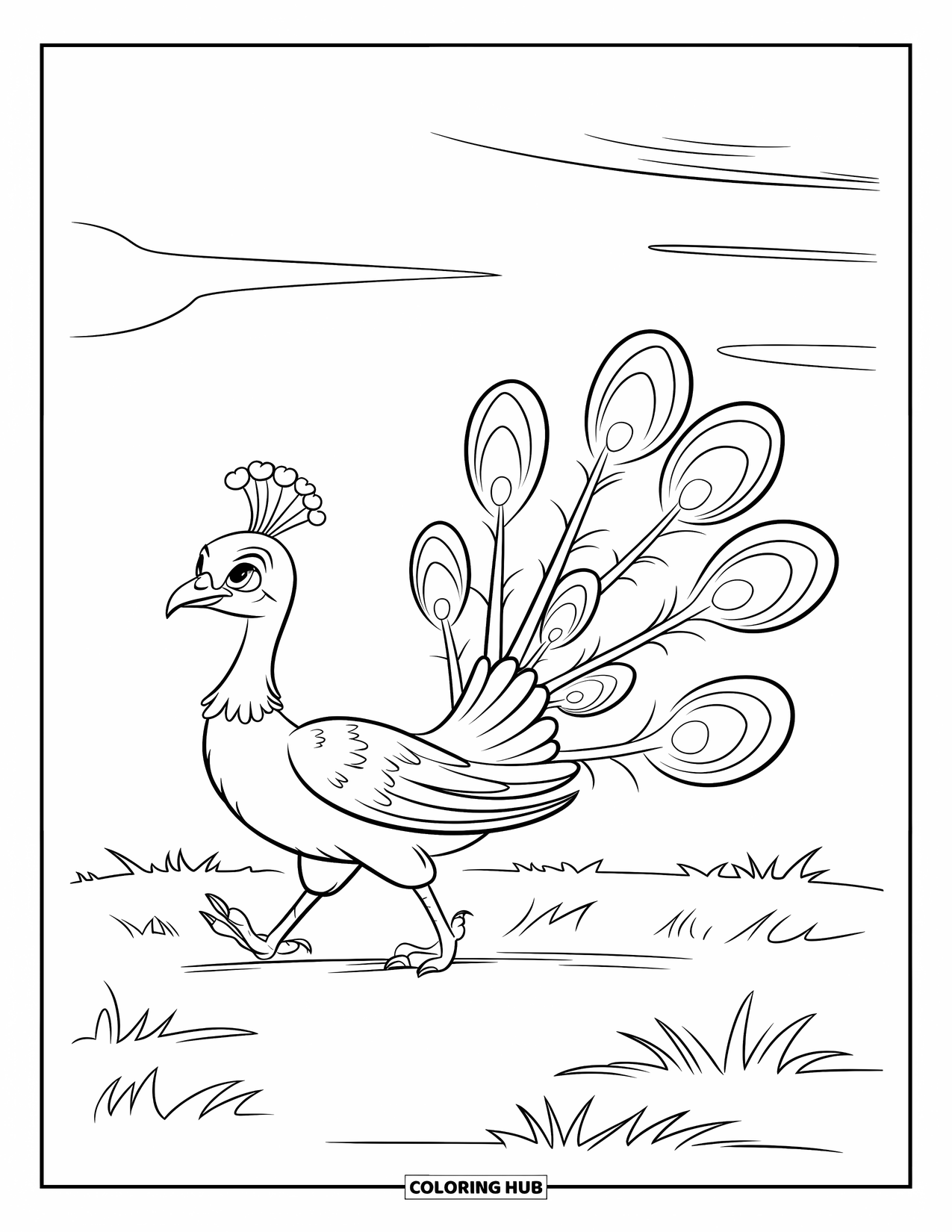 Peacock Coloring Page for Kids: A peacock walks with tiny feet, showing off five bold feathers on its tail