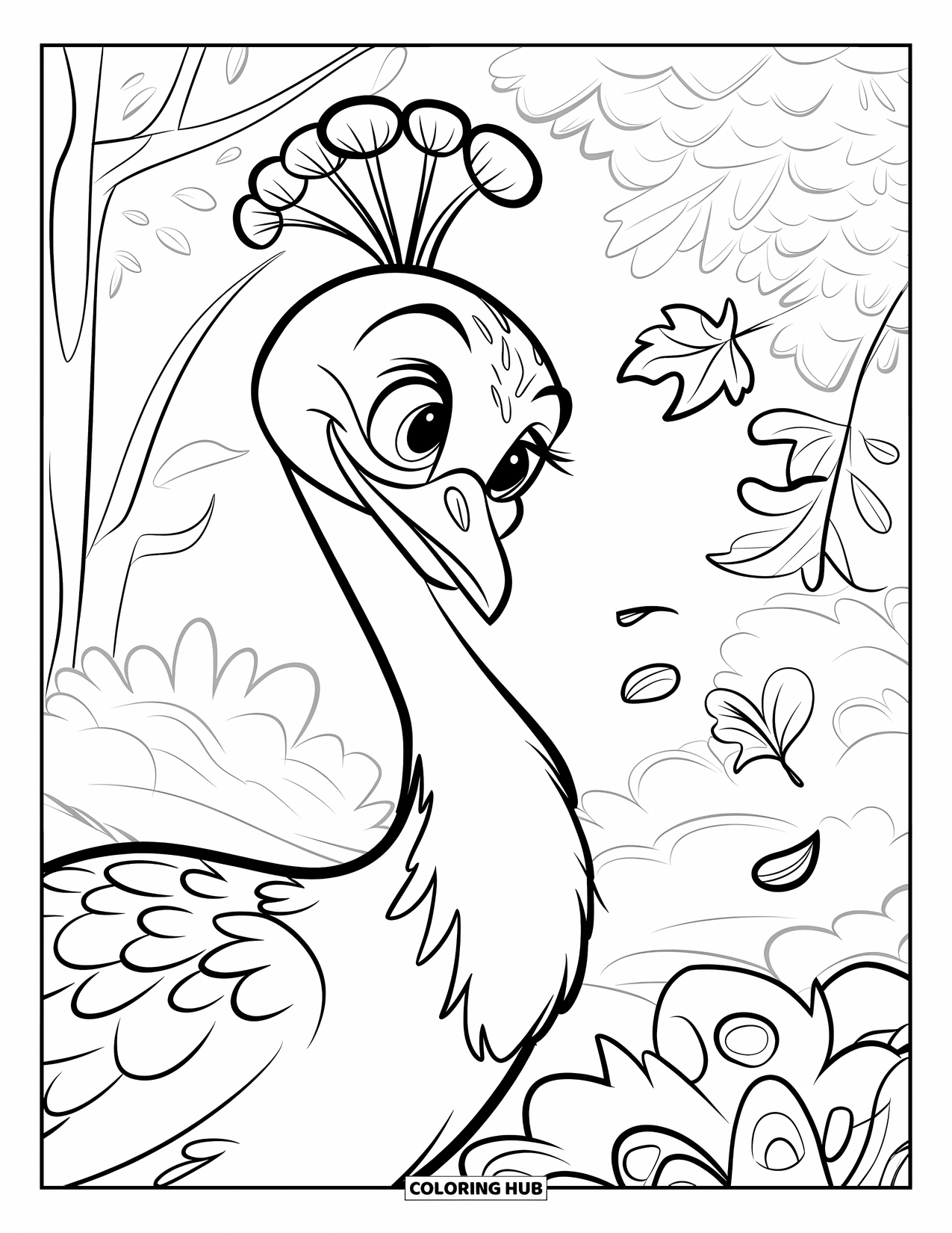 Peacock Coloring Page for Kids: A peacock watches autumn leaves fall with curiosity among trees with swirling foliage