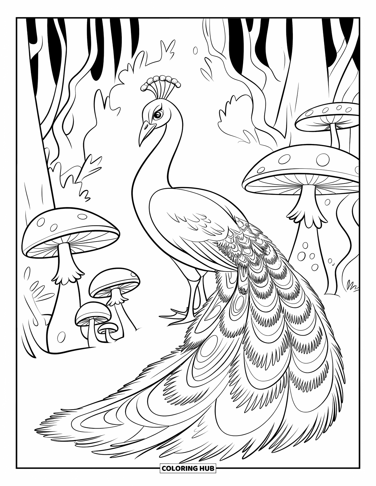 Peacock Coloring Page for Kids: A peacock with a glowing tail stands gracefully amid enchanted mushrooms