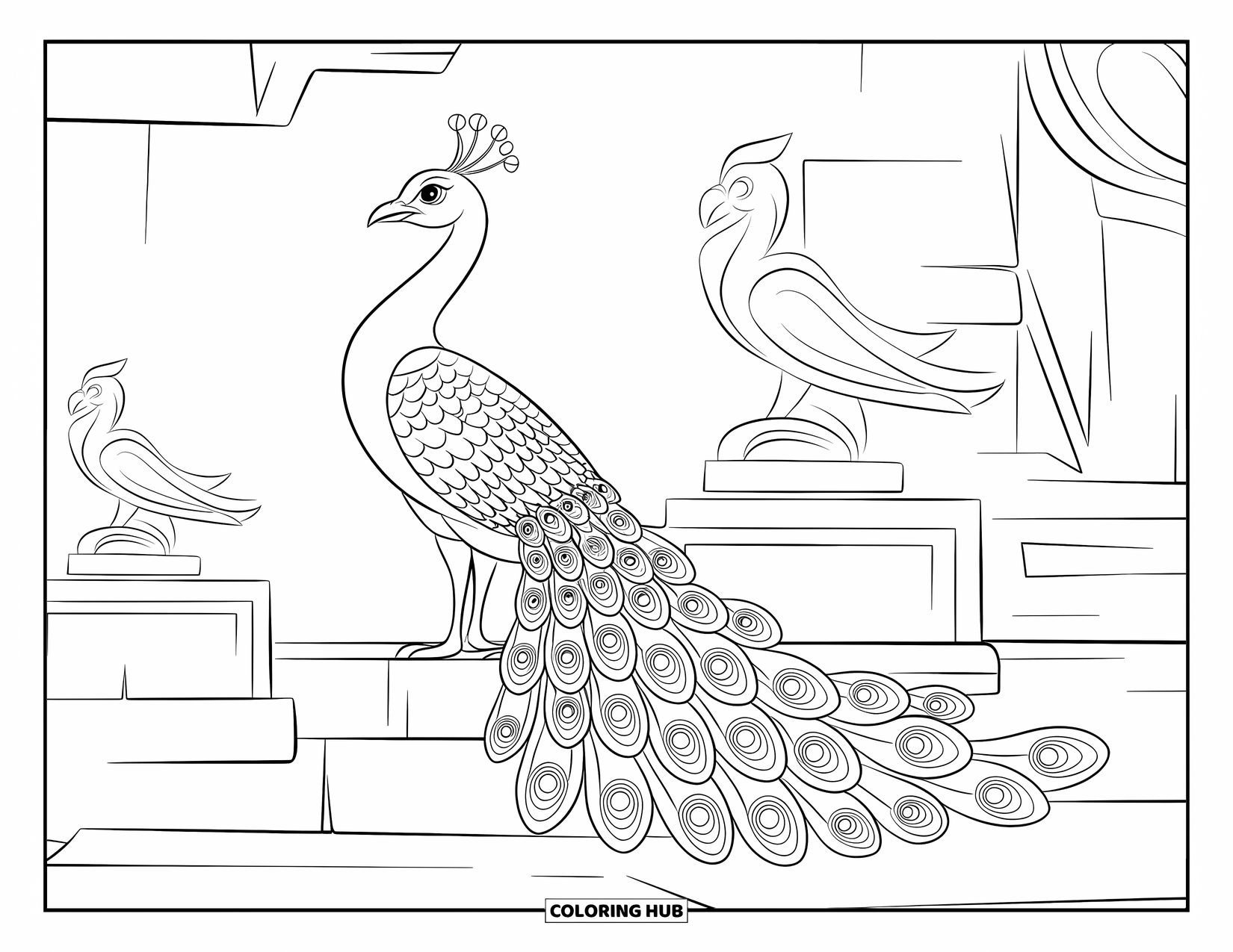 Peacock Coloring Page for Kids: A peacock with a patterned tail stands gracefully in an ancient temple courtyard