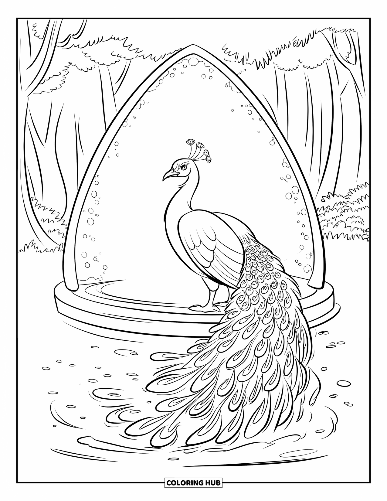 Peacock Coloring Page for Kids: A peacock with a rippling tail stands gracefully before a glowing portal