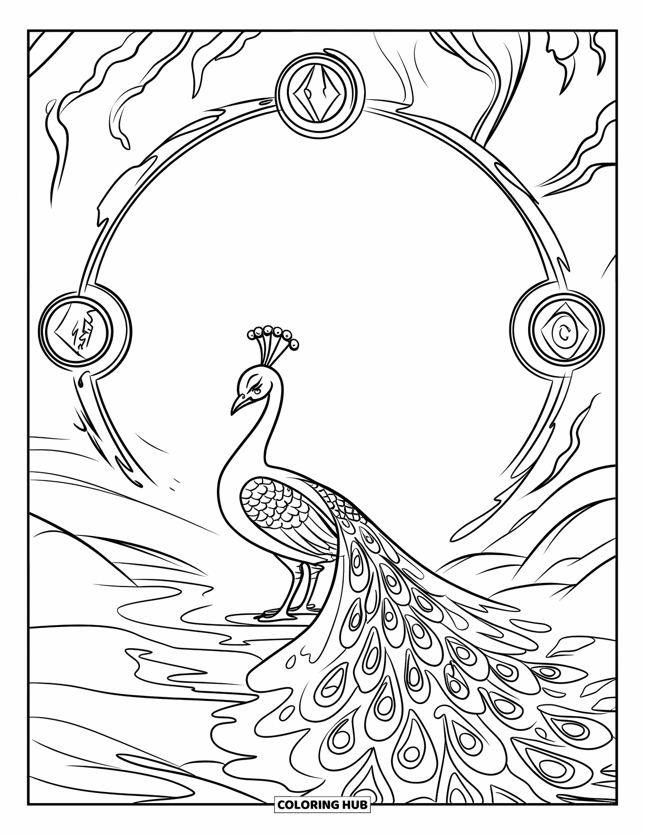 Peacock Coloring Page for Kids: A peacock with a rippling tail stands gracefully by a glowing portal