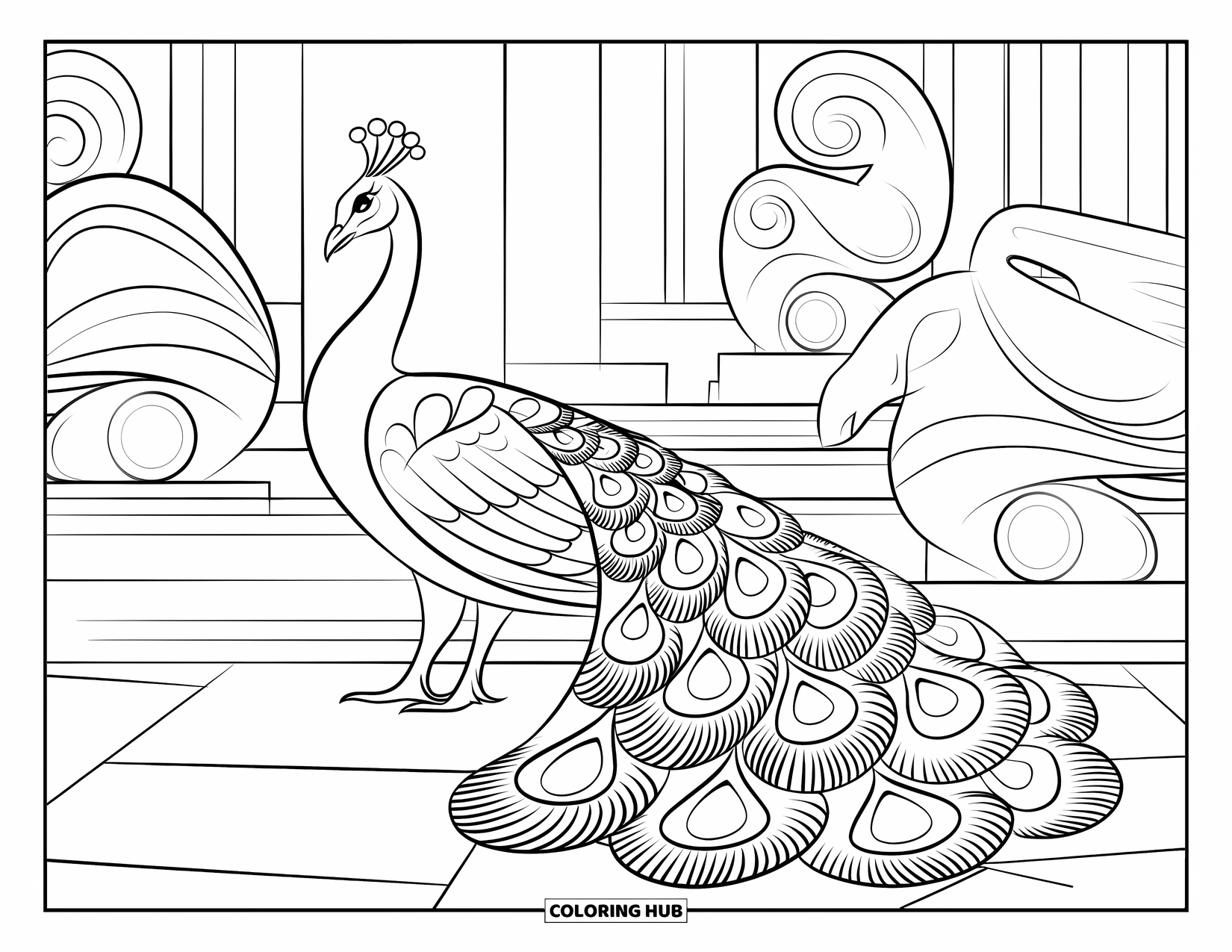 Peacock Coloring Page for Kids: A peacock with a sacred-patterned tail stands amid stone statues in a temple