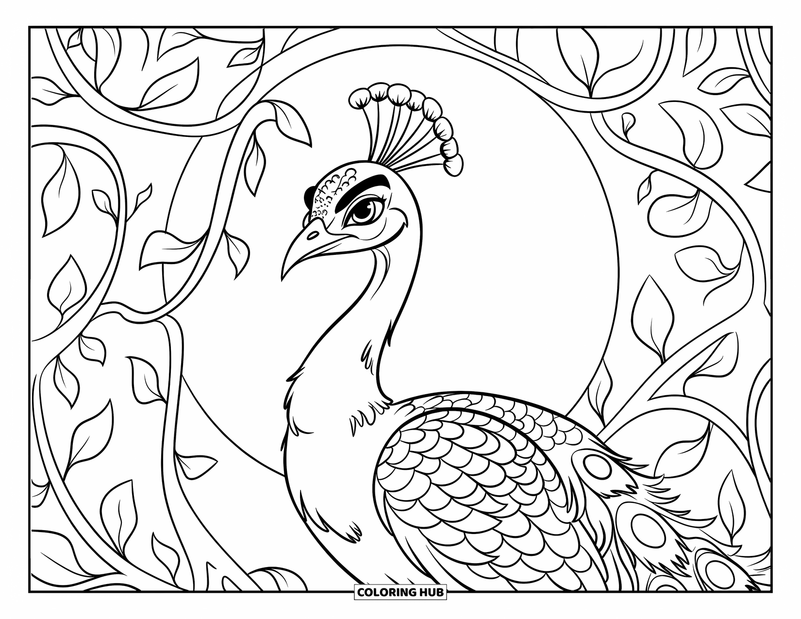 Peacock Coloring Page for Kids: A peacock with an intense gaze stands amid delicate vines in a moonlit garden