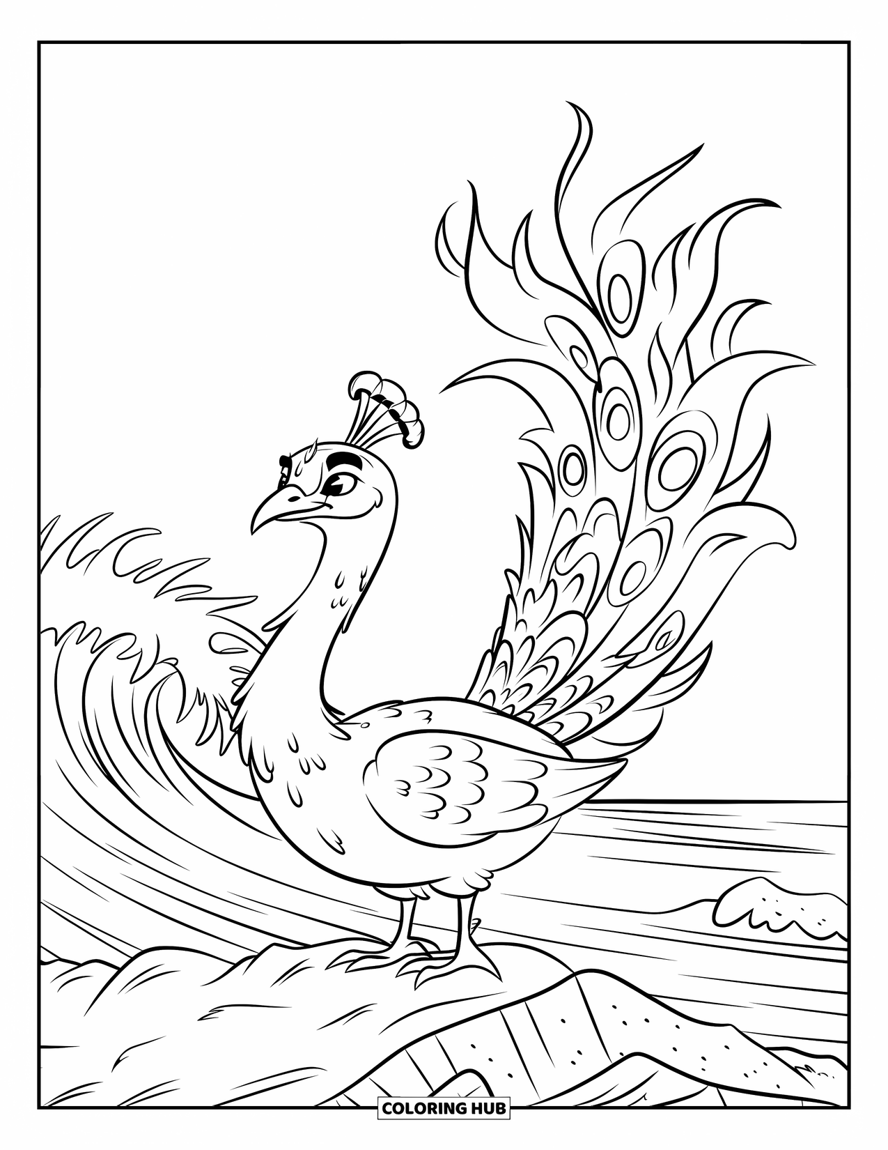 Peacock Coloring Page for Kids: A peacock with curling feathers stands on rocks by a crashing ocean