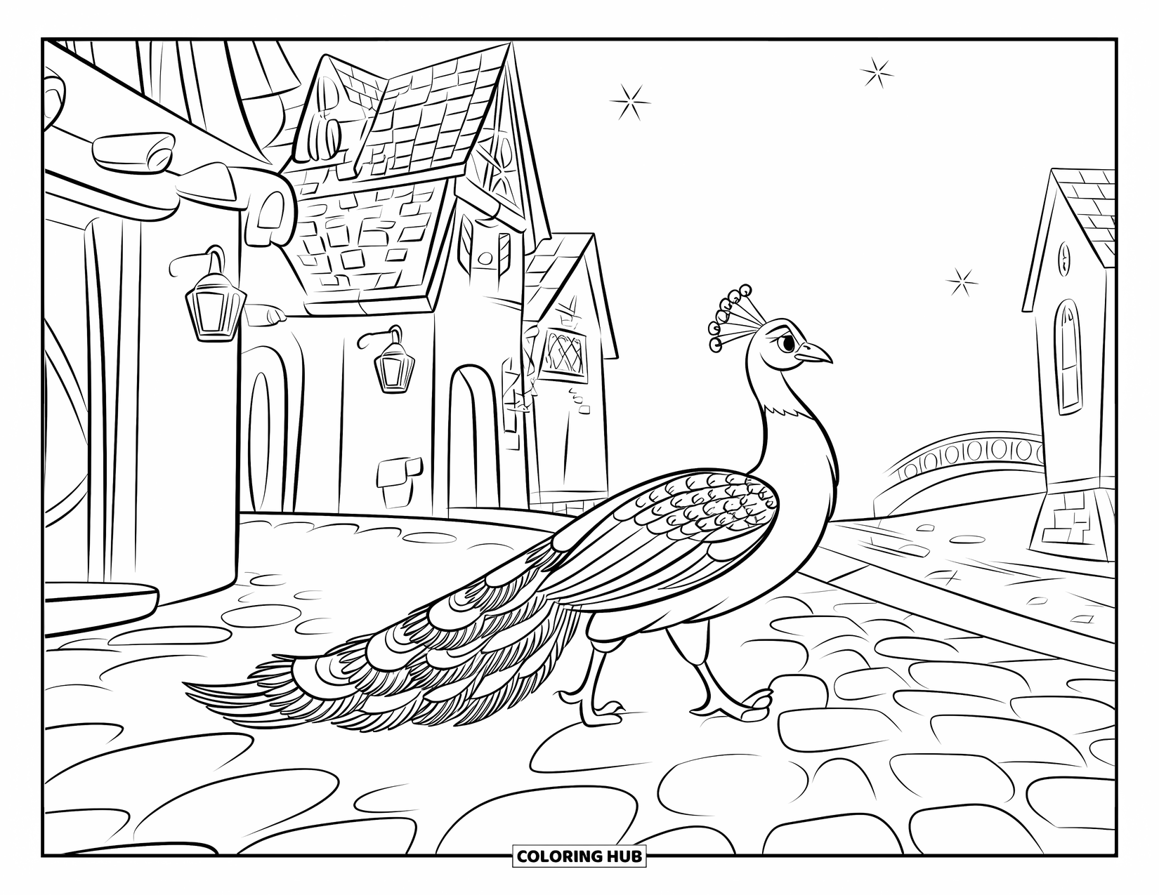 Peacock Coloring Page for Kids: A peacock with delicate patterns on its tail walks gracefully through a village