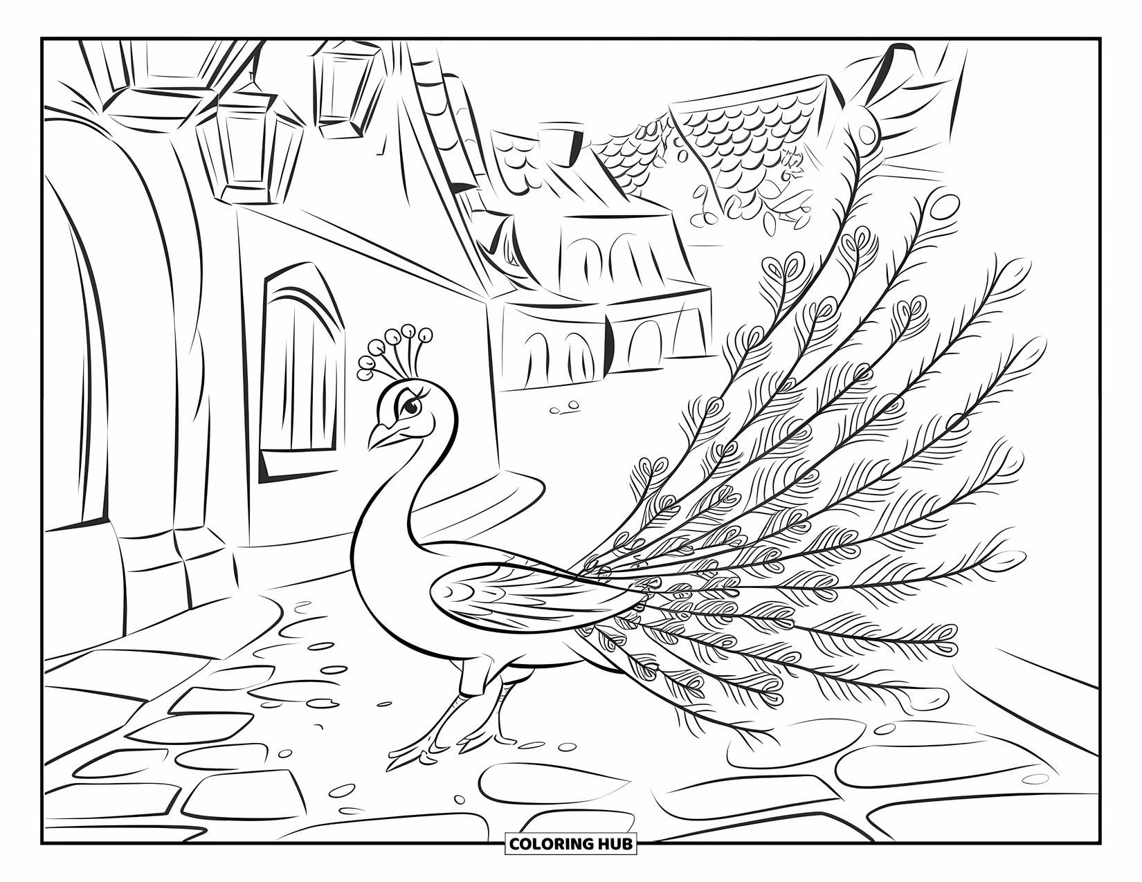Peacock Coloring Page for Kids: A peacock with filigree-like feathers walks gracefully in an old European village