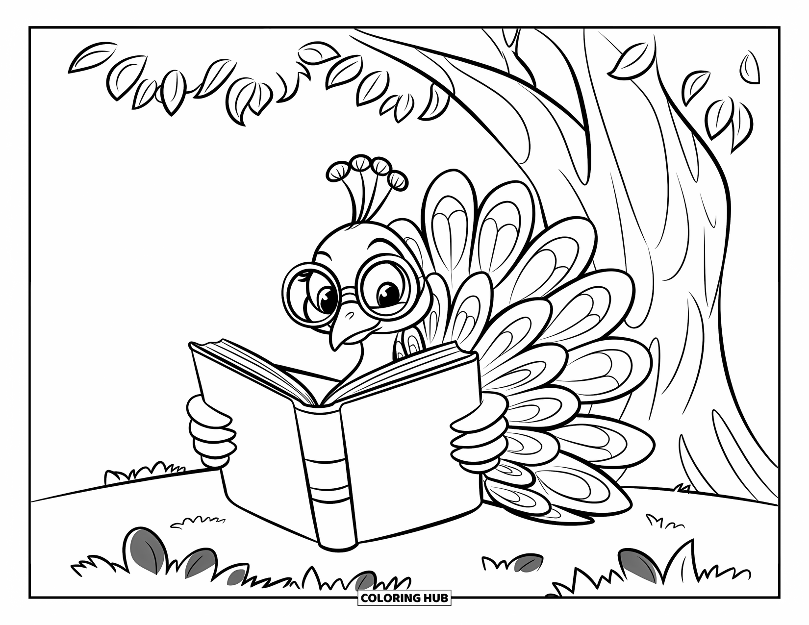 Peacock Coloring Page for Kids: A peacock with glasses enjoys a book under a tree's shade