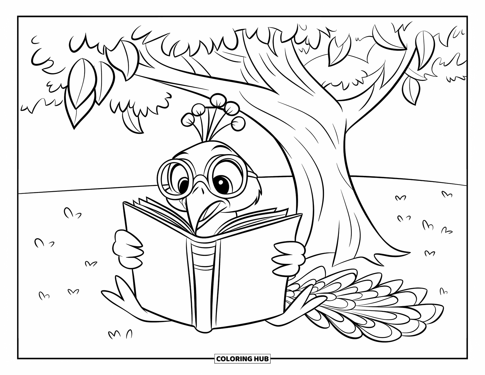 Peacock Coloring Page for Kids: A peacock with glasses reads a book under a shady tree