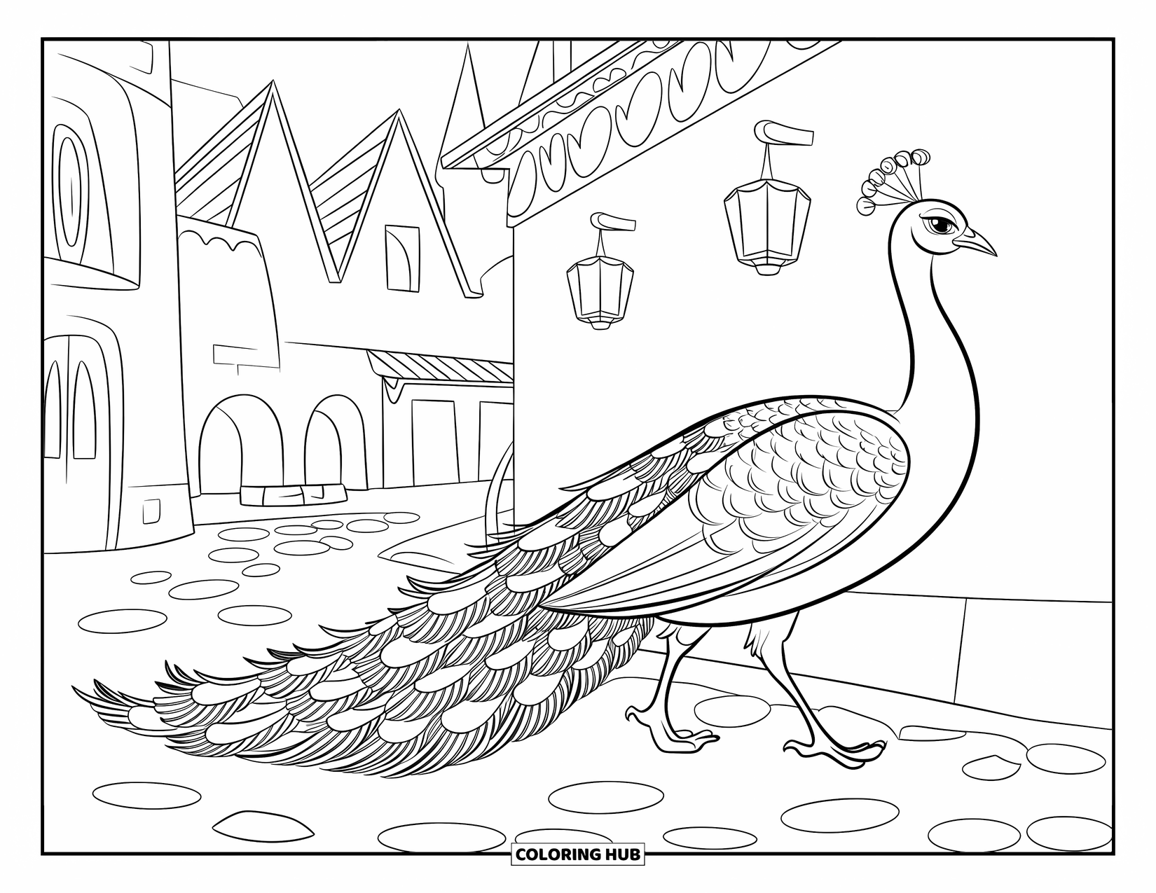 Peacock Coloring Page for Kids: A peacock with intricate feathers walks gracefully beneath warm lanterns in a village