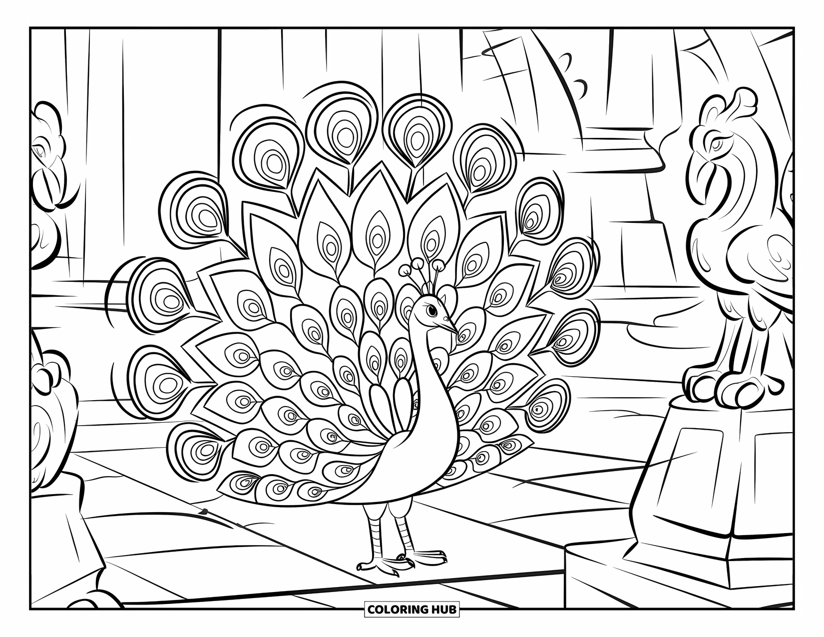 Peacock Coloring Page for Kids: A peacock with intricate tail designs stands gracefully in a temple courtyard