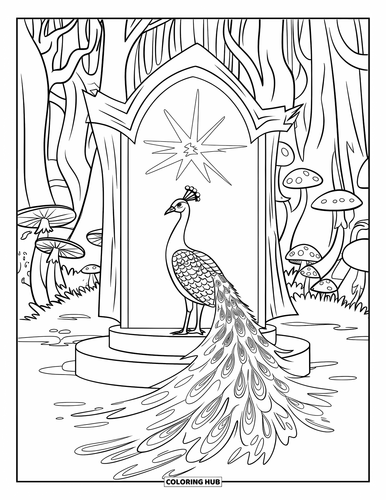 Peacock Coloring Page for Kids: A peacock with spread feathers stands before a glowing portal in a magical forest