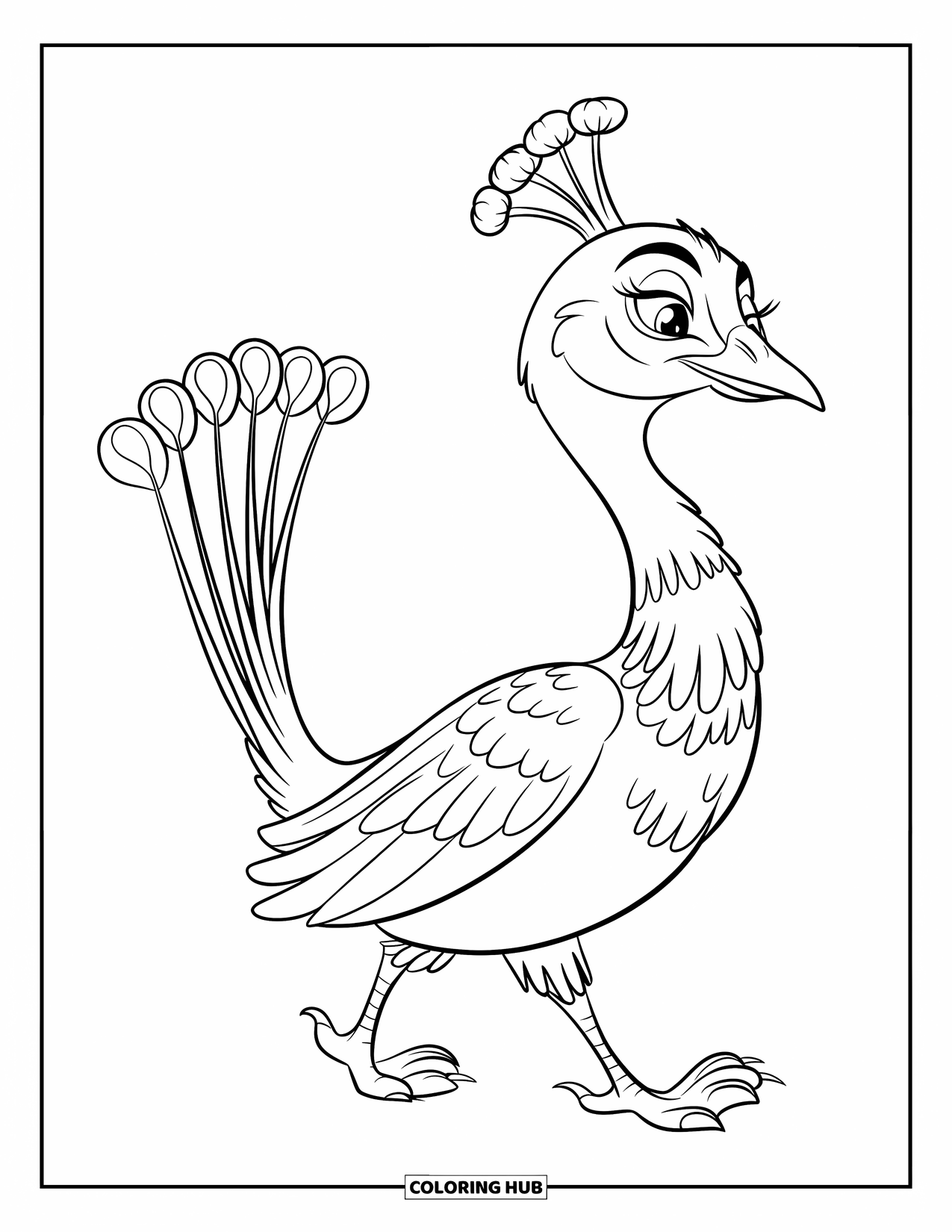 Peacock Coloring Page for Kids: A peacock with tiny feet walks happily with five bold feathers