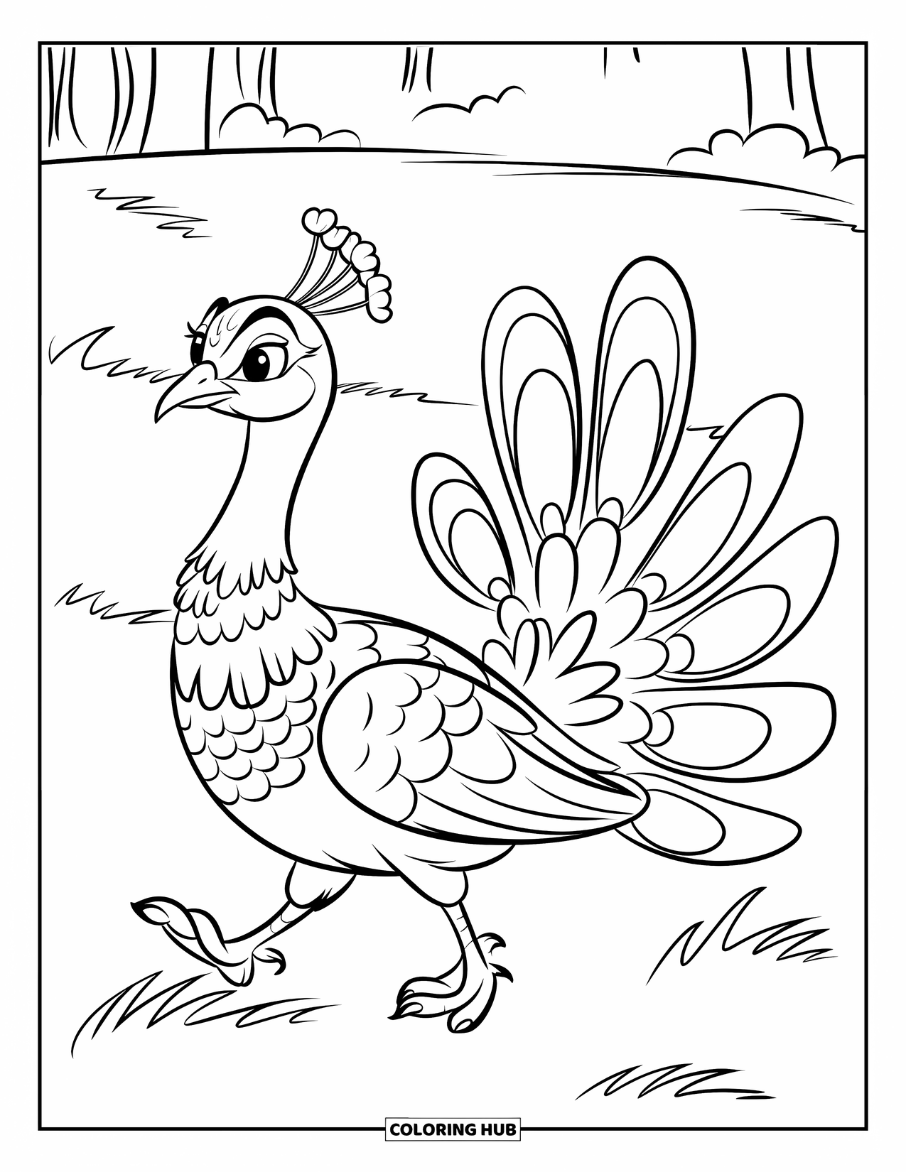 Peacock Coloring Page for Kids: A peacock with tiny feet walks on a grassy field with five bold feathers