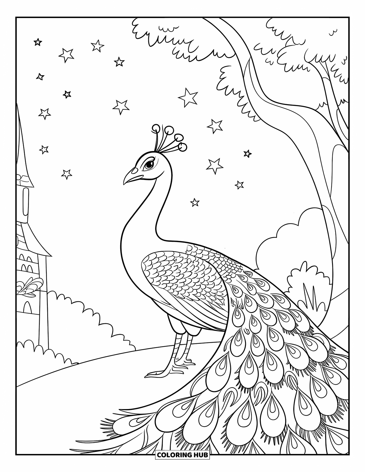 Peacock Coloring Page for Kids: A peacock's feathers blend into stars as fireflies dance around in a dreamy night scene
