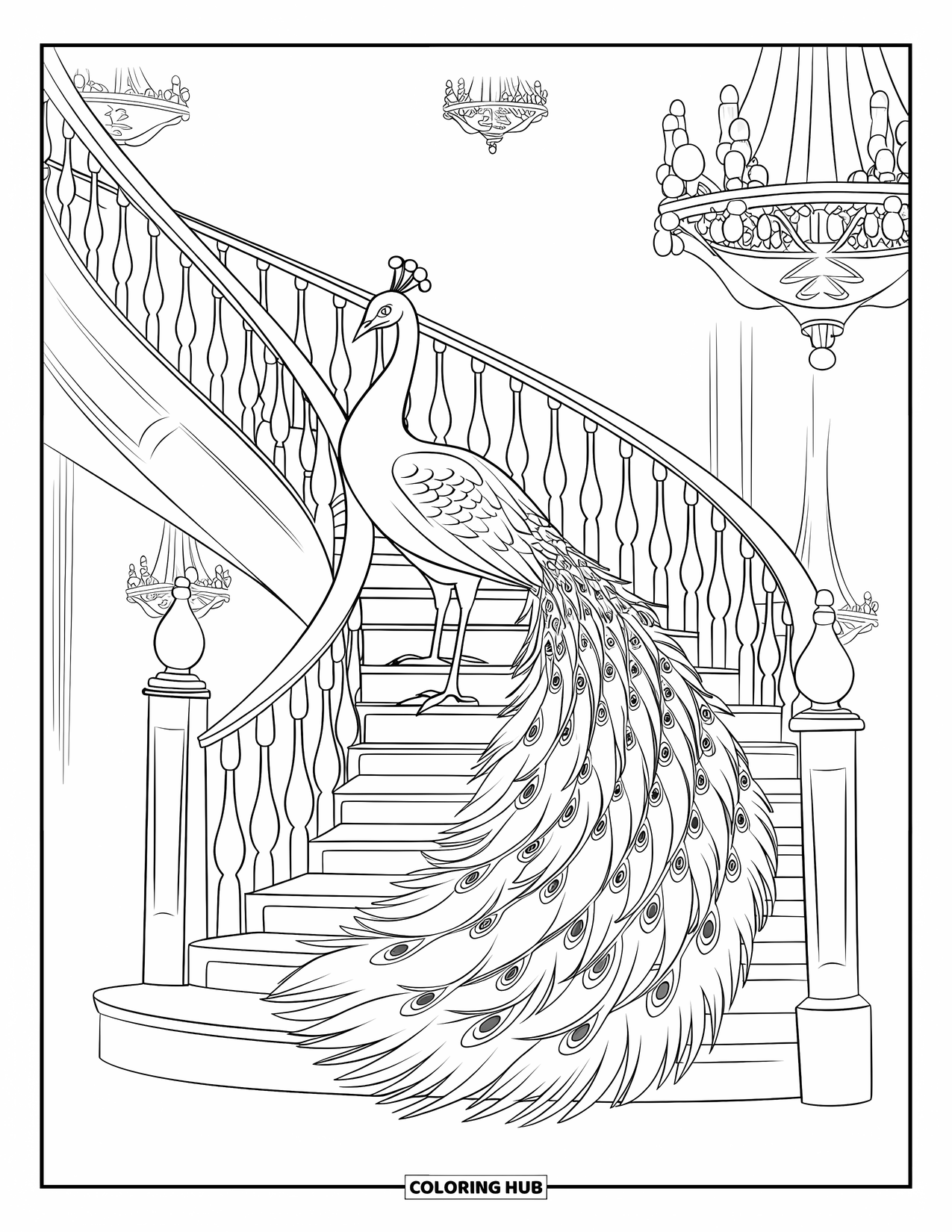 Peacock Coloring Page for Kids: A peacock's tail curls elegantly down a spiral staircase in a grand palace