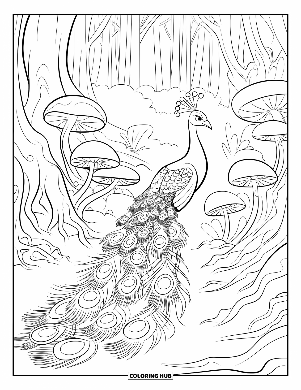 Peacock Coloring Page for Kids: A regal peacock stands gracefully in a dense forest with glowing mushrooms