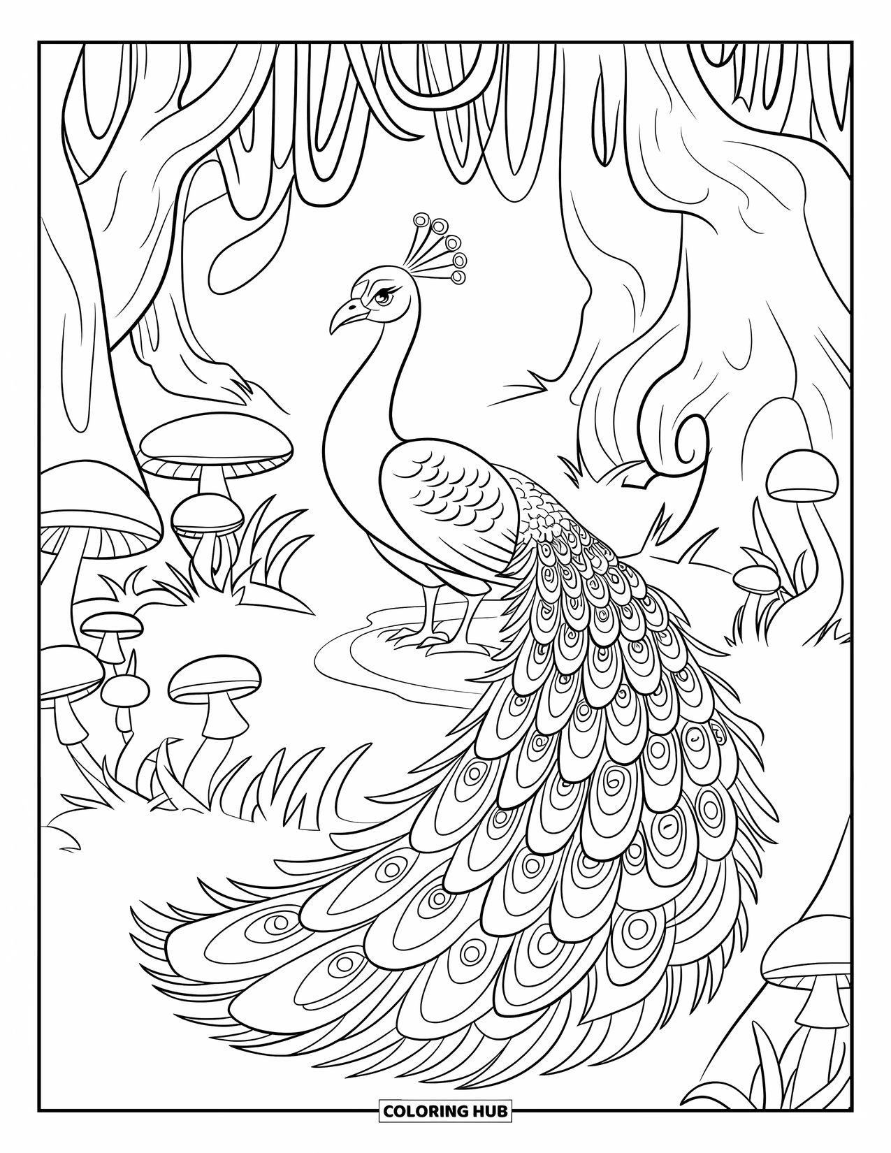 Peacock Coloring Page for Kids: A regal peacock with a glowing tail stands in an enchanted forest