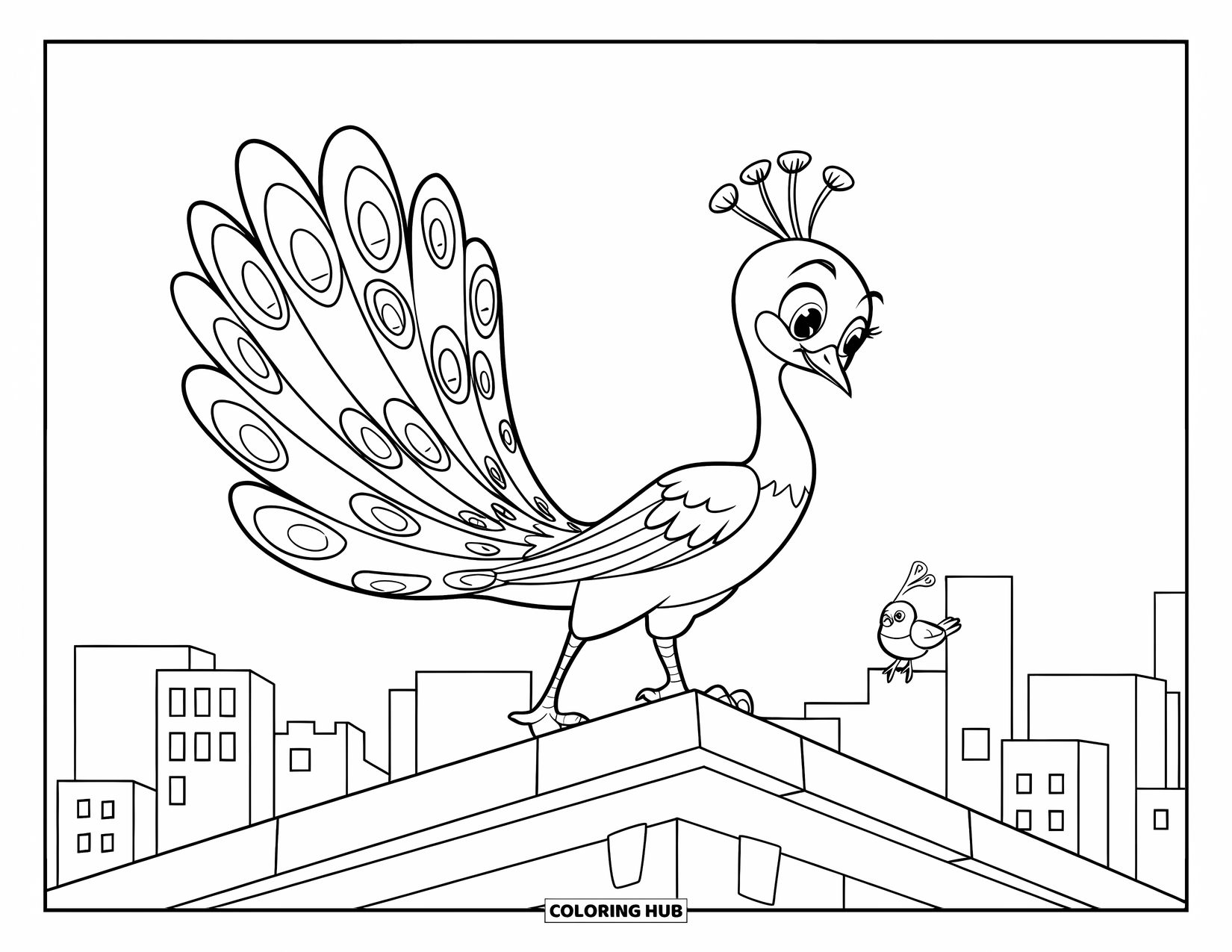 Peacock Coloring Page for Kids: A superhero peacock stands boldly on a rooftop, its tail spread like a cape